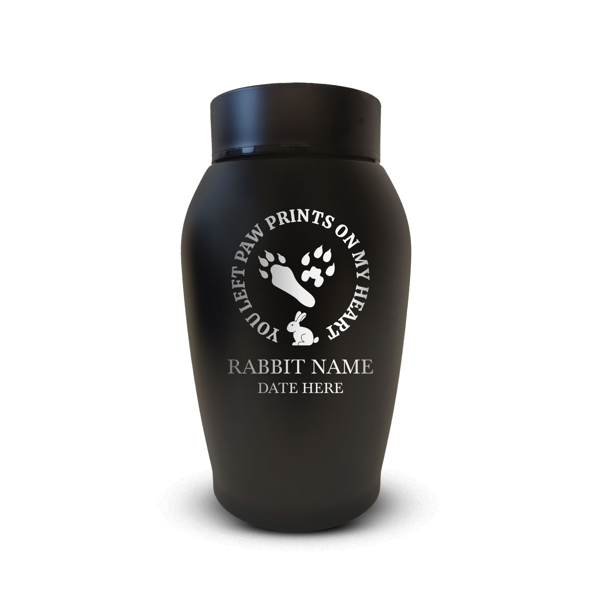 Personalized Custom Small Urn Engraved with Pet Name, Date, and Rabbit Design - 5.2" Black Powder Coated Steel Cremation Urn for Rabbit Memorial Ashes | 12-16 lb Capacity, Rabbit Paw Print