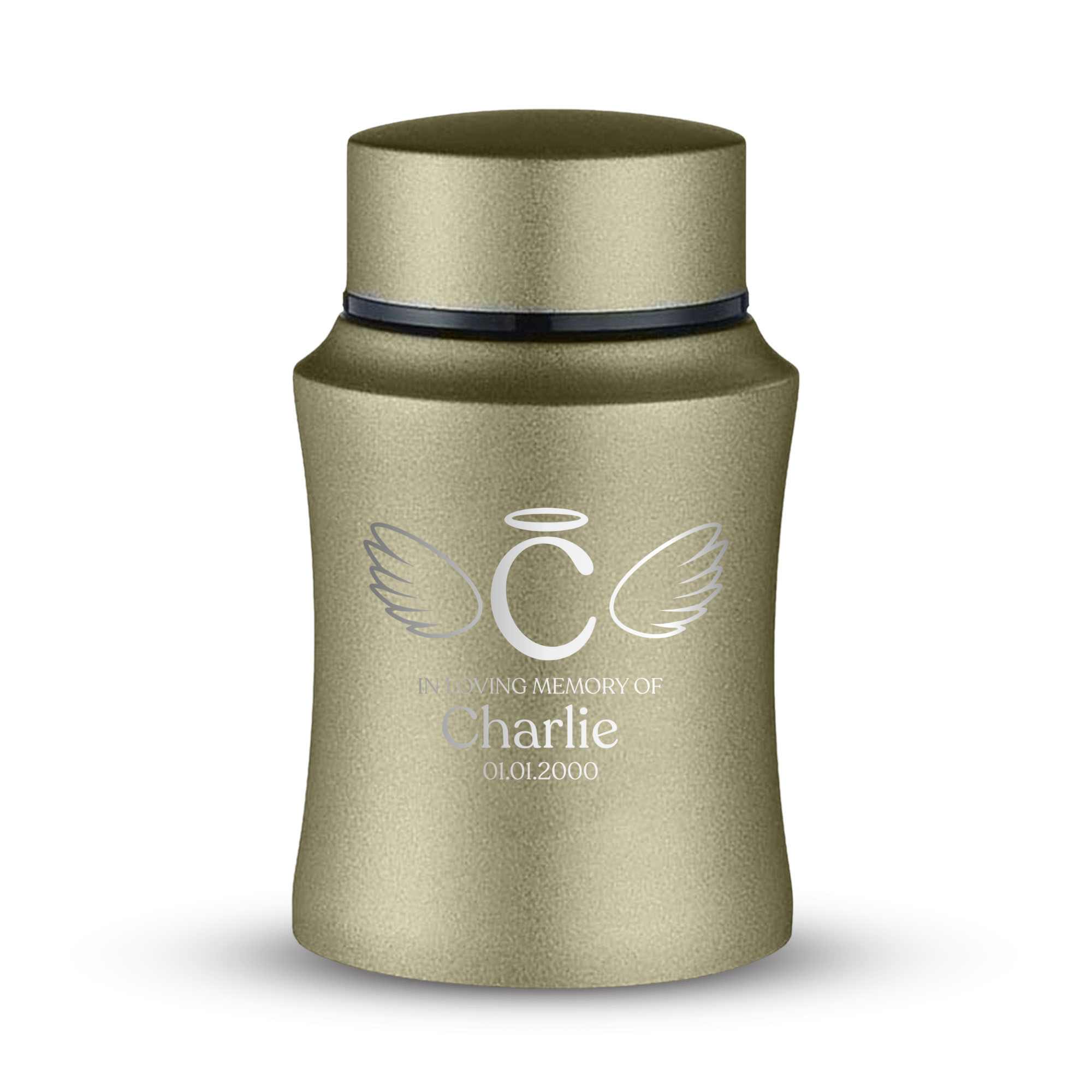 Customized Small Keepsake Urn Personalized Engraved with Pet Name, Date, and Text - 4" Cremation Mini Compact Urn for Cats Ashes, 5–10 Lbs Capacity | Washed Gold, Cat - Letters with Angel Wings and Halo