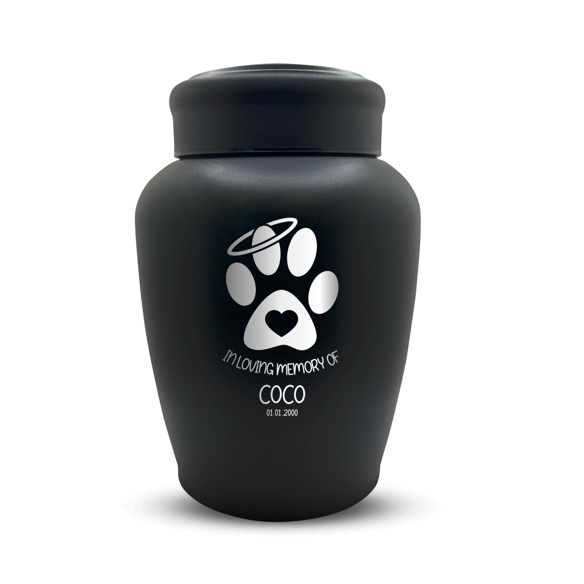 Custom Dog Urn - Larger Size - Stainless Steel - Black Powder Coated Finish - 150 Cubic Inch