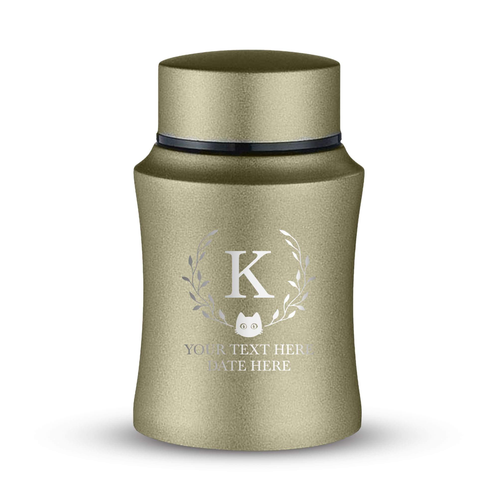 Customized Small Keepsake Urn Personalized Engraved with Pet Name, Date, and Text - 4" Cremation Mini Compact Urn for Cats Ashes, 5–10 Lbs Capacity | Washed Gold, Cat Face + Leaves Borders