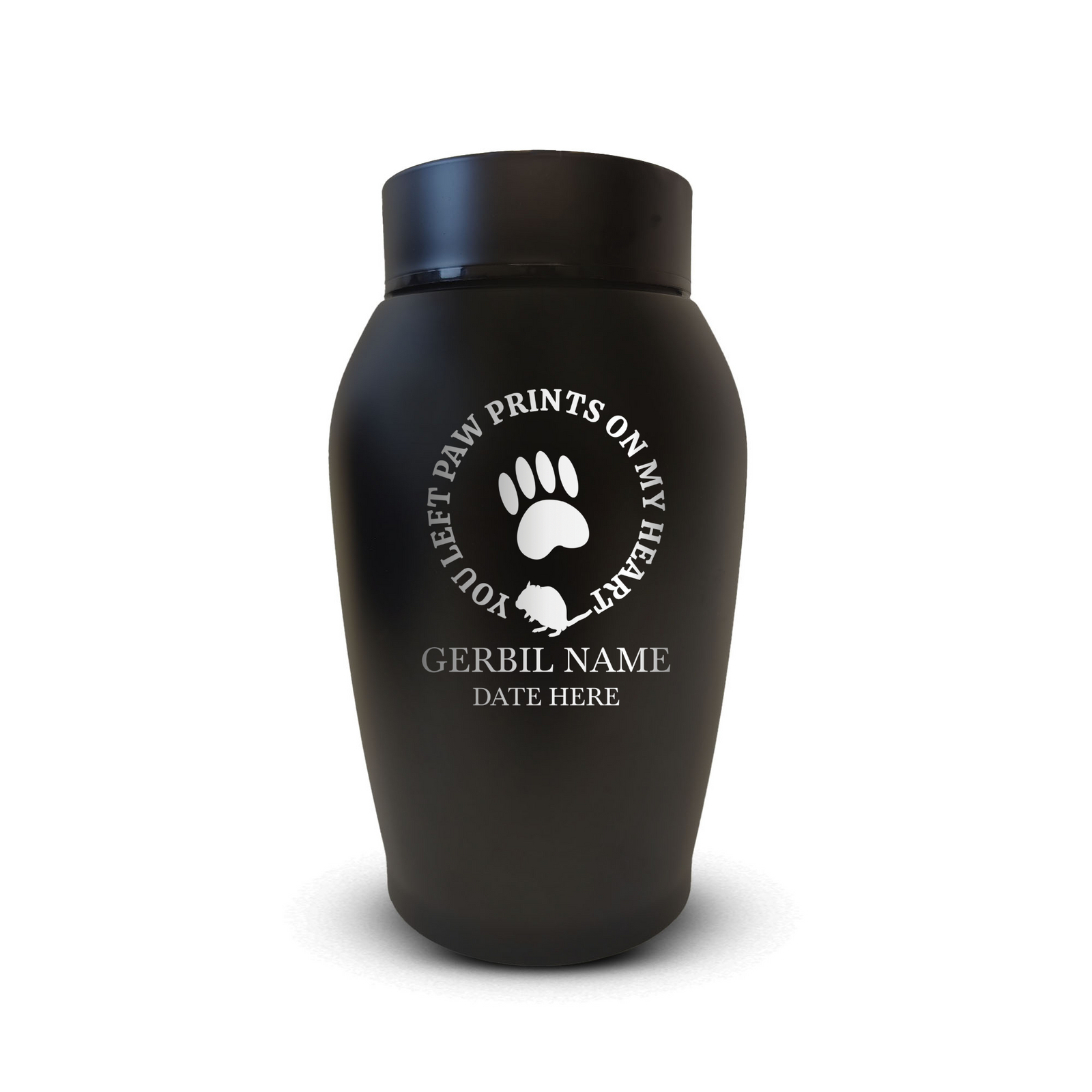 Personalized Small Keepsake Urn Engraved with Pet Name, Date, and Design - 5.2" Black Powder Coated Steel Cremation Urn for Gerbil Memorial Ashes | 12-16 lb Capacity, Gerbil Paw Print