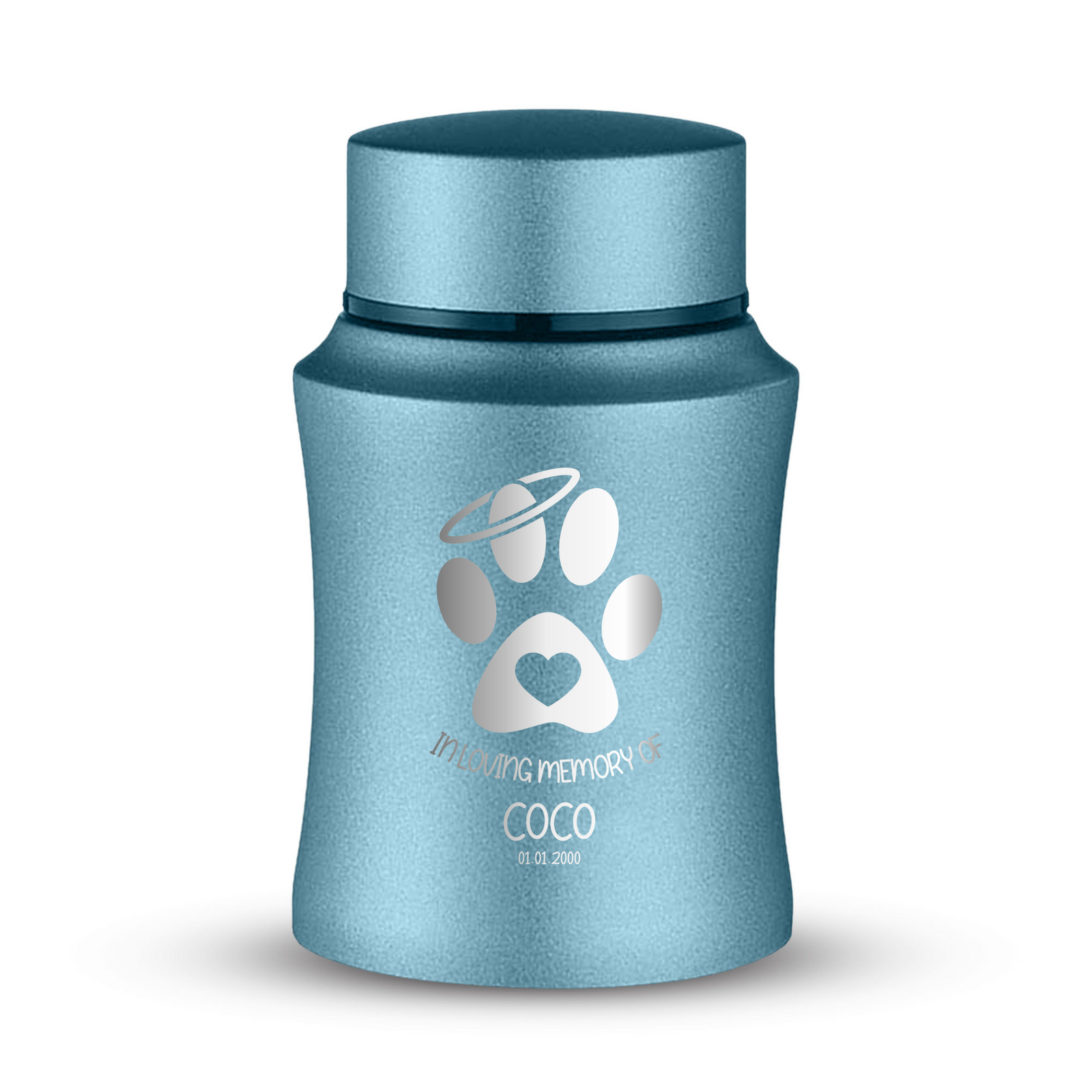 Customized Small Keepsake Urn Personalized Engraved with Pet Name, Date, and Dog Design - 4" Steel Cremation Mini Compact Urn for Dogs Ashes | 5–10 Lbs Capacity | Powder Blue | Paw Heart and Halo