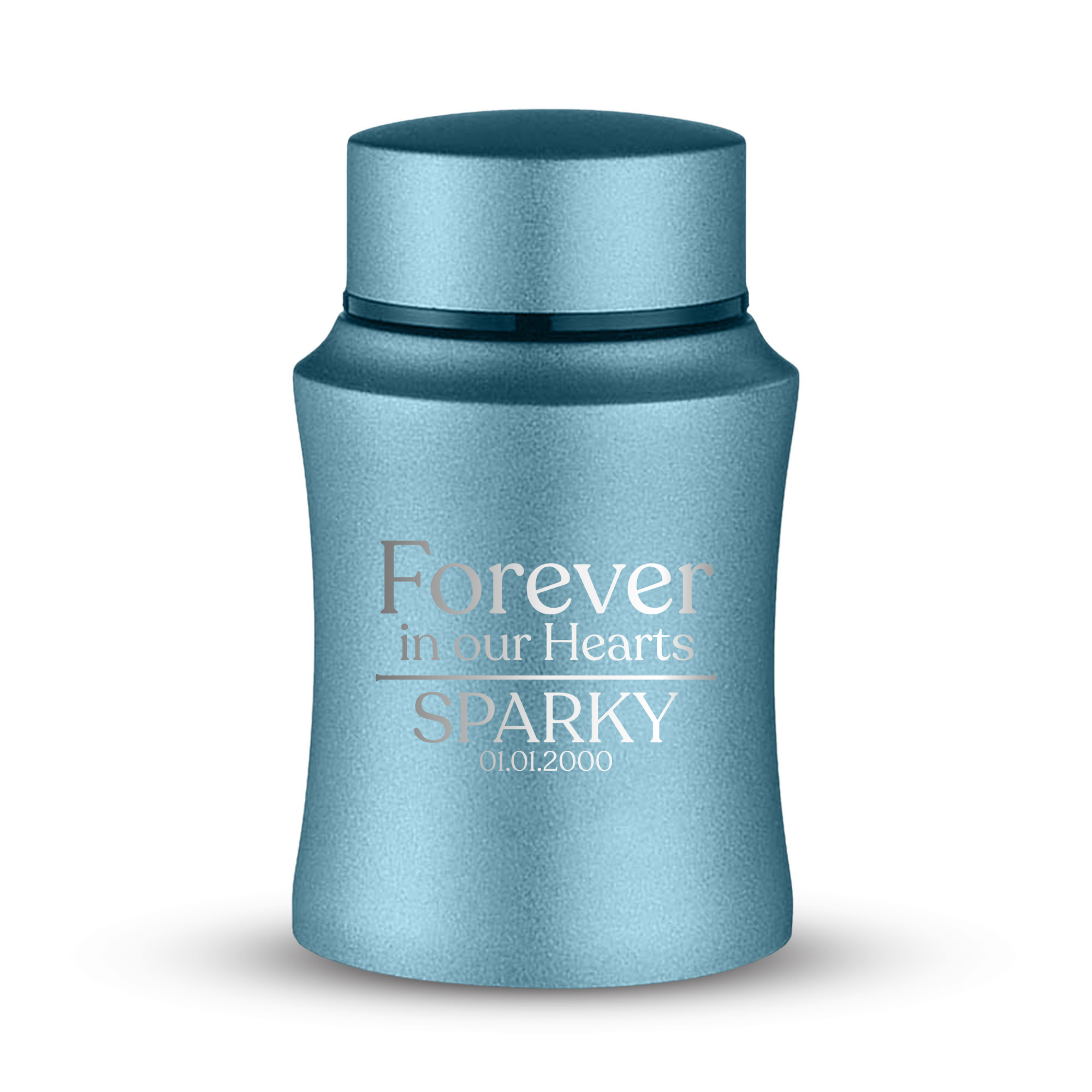 Customized Small Keepsake Urn Personalized Engraved with Pet Name, Date, and Dog Design - 4" Steel Cremation Mini Compact Urn for Dogs Ashes | 5–10 Lbs Capacity | Powder Blue | Forever In Our Hearts