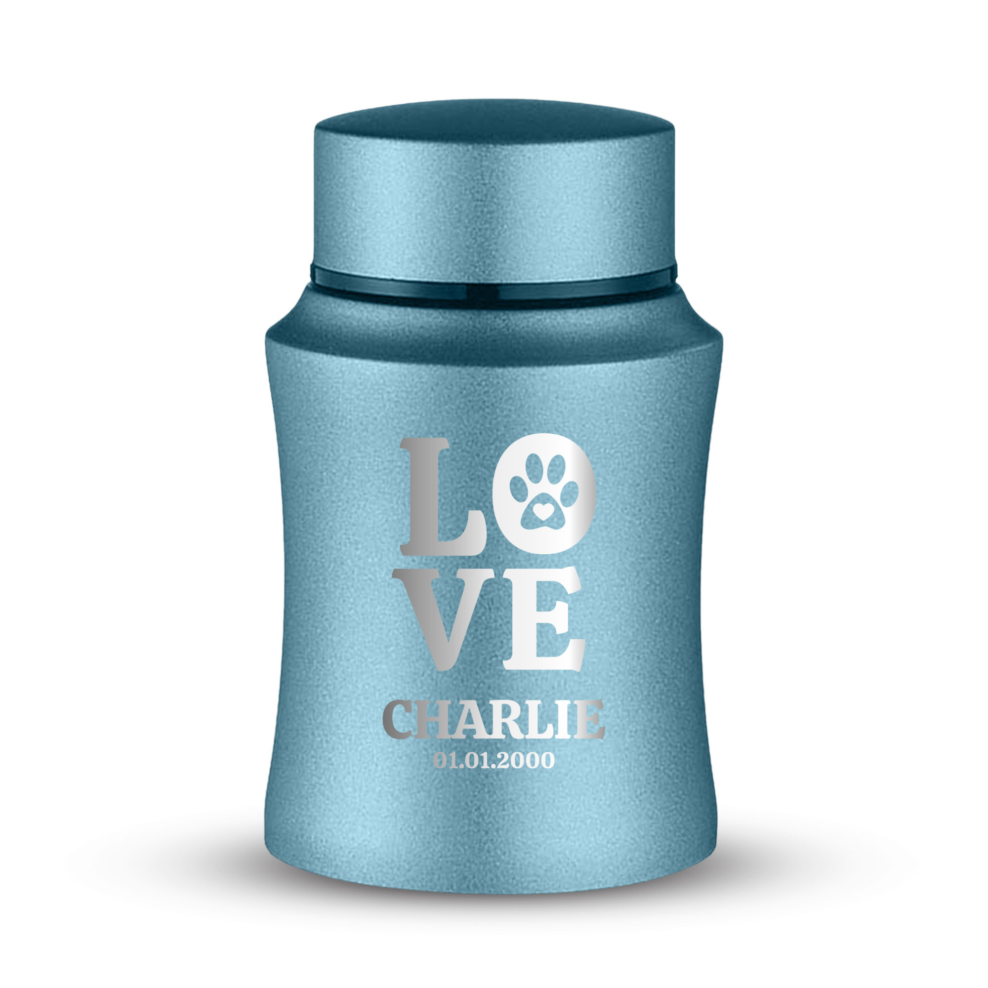 Customized Small Keepsake Urn Personalized Engraved with Pet Name, Date, and Dog Design - 4" Steel Cremation Mini Compact Urn for Dogs Ashes | 5–10 Lbs Capacity | Powder Blue | Love Print