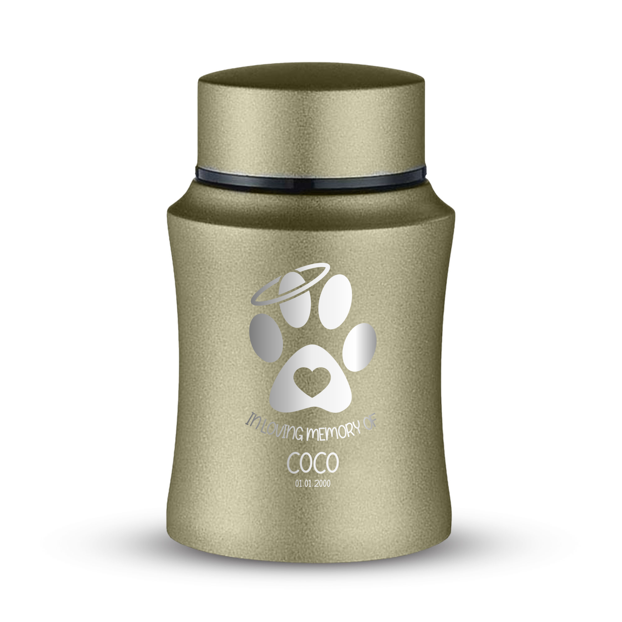 Customized Small Keepsake Urn Personalized Engraved with Pet Name, Date, and Dog Design - 4" Steel Cremation Mini Compact Urn for Dogs Ashes | 5–10 Lbs Capacity | Washed Gold, Paw Heart and Halo