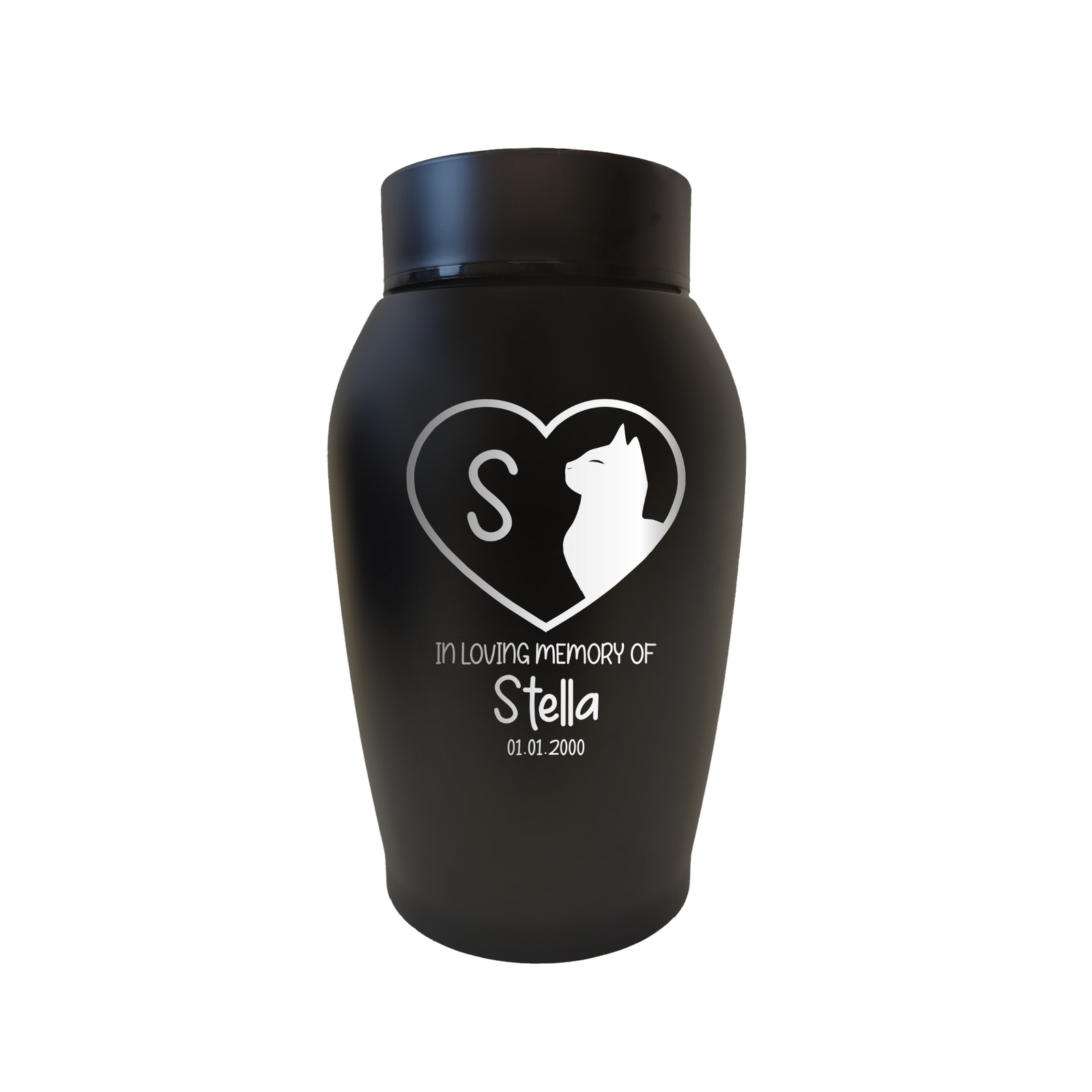 Personalized Custom Stainless Steel Pet Urn with Airtight Closure Cap for Cats | Engraved Cat Design, Name and Date - Cremation Cat Urn for Ashes |  Cat silhouette inside Heart Shape, Black