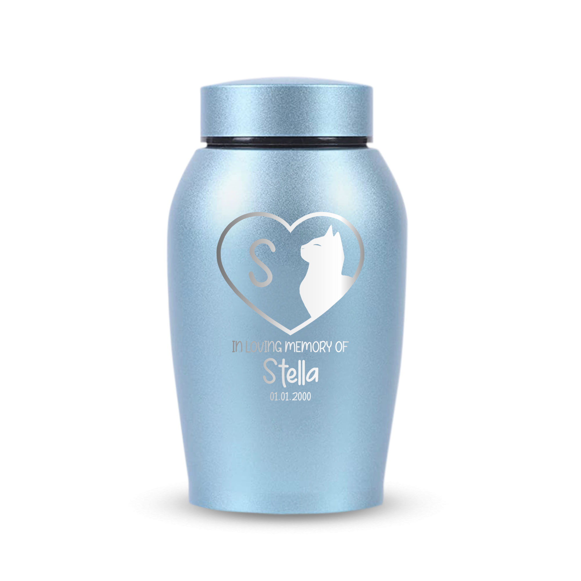 Personalized Custom Cat Urn Engraved Cat Breed, Name and Date - Stainless Steel cremation urns for cats ashes with Airtight Closure, Powder Blue, Cat silhouette inside Heart Shape