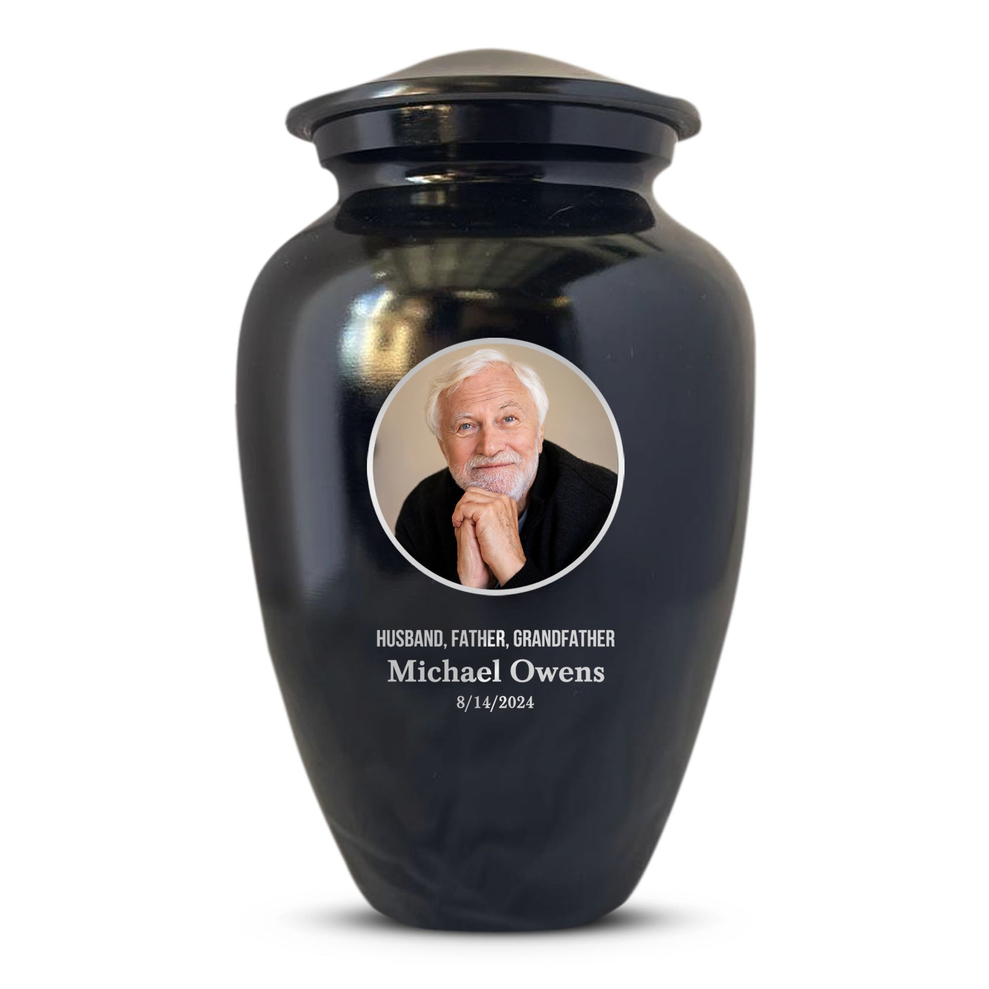 Personalized Custom Photo Human Cremation Urn for Adult Ashes Engraved Aluminum Cremation Vessel with Full Color Photo | 10.35" x 6.75" Urn for Human Remains Up to 200 Lbs | Polished Black