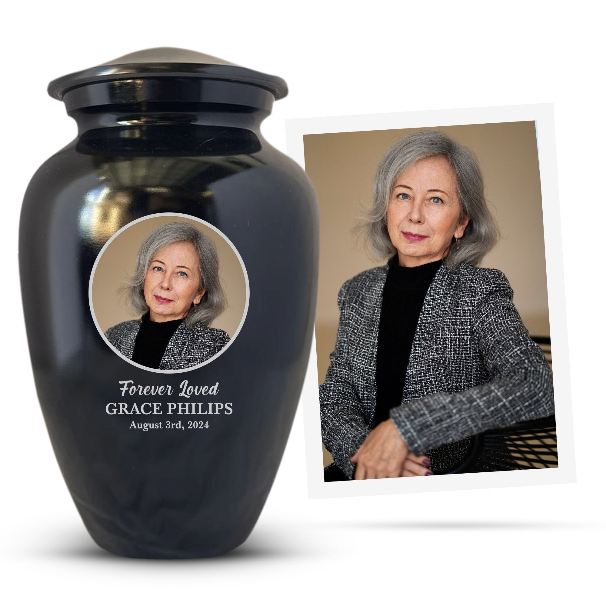 Personalized Custom Photo Human Cremation Urn for Adult Ashes Engraved Aluminum Cremation Vessel with Full Color Photo | 10.35" x 6.75" Urn for Human Remains Up to 200 Lbs | Polished Black