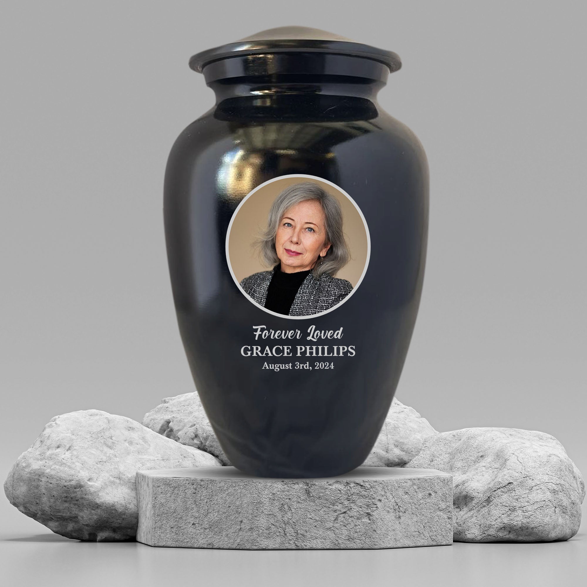 Personalized Custom Photo Human Cremation Urn for Adult Ashes Engraved Aluminum Cremation Vessel with Full Color Photo | 10.35" x 6.75" Urn for Human Remains Up to 200 Lbs | Polished Black