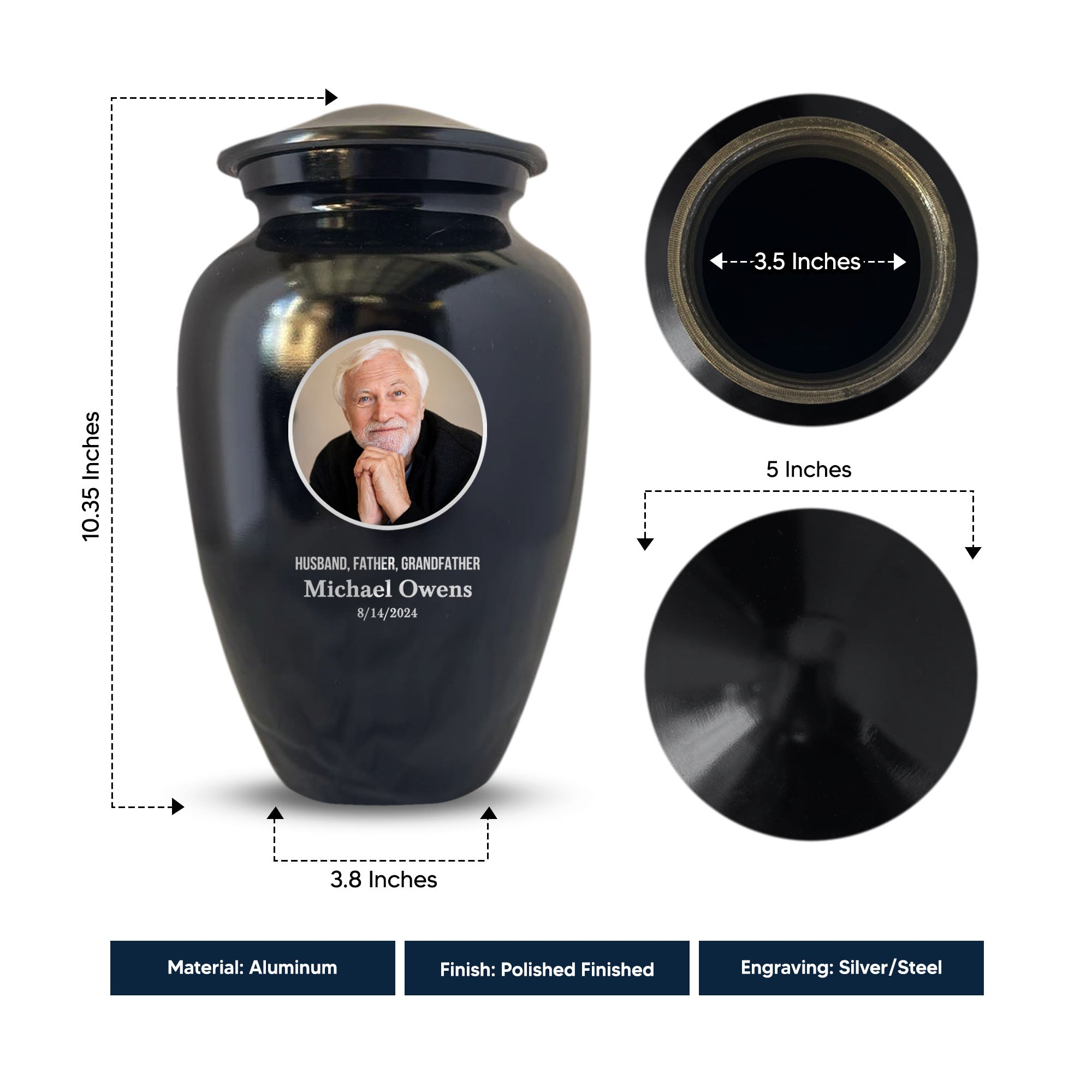 Personalized Custom Photo Human Cremation Urn for Adult Ashes Engraved Aluminum Cremation Vessel with Full Color Photo | 10.35" x 6.75" Urn for Human Remains Up to 200 Lbs | Polished Black