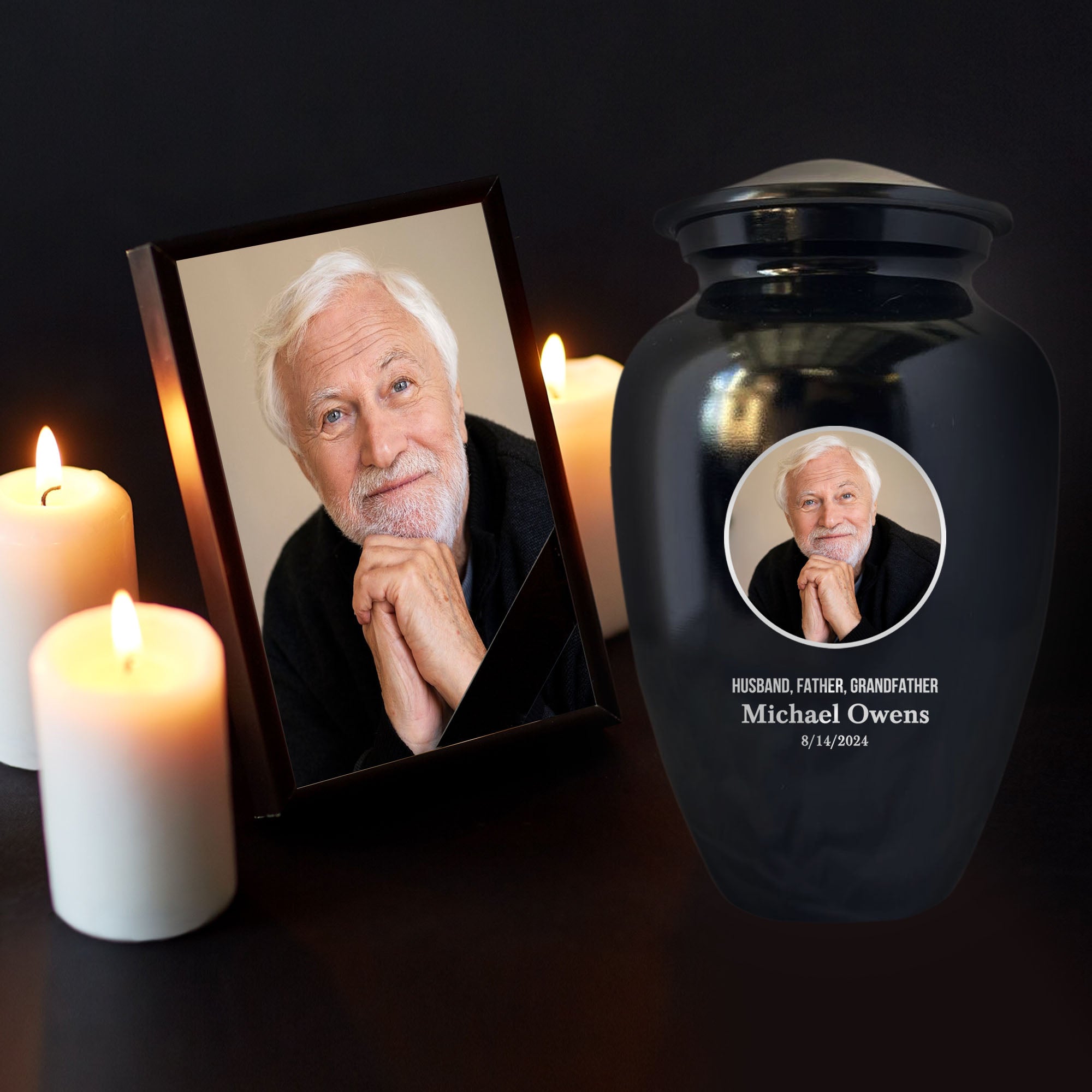 Personalized Custom Photo Human Cremation Urn for Adult Ashes Engraved Aluminum Cremation Vessel with Full Color Photo | 10.35" x 6.75" Urn for Human Remains Up to 200 Lbs | Polished Black