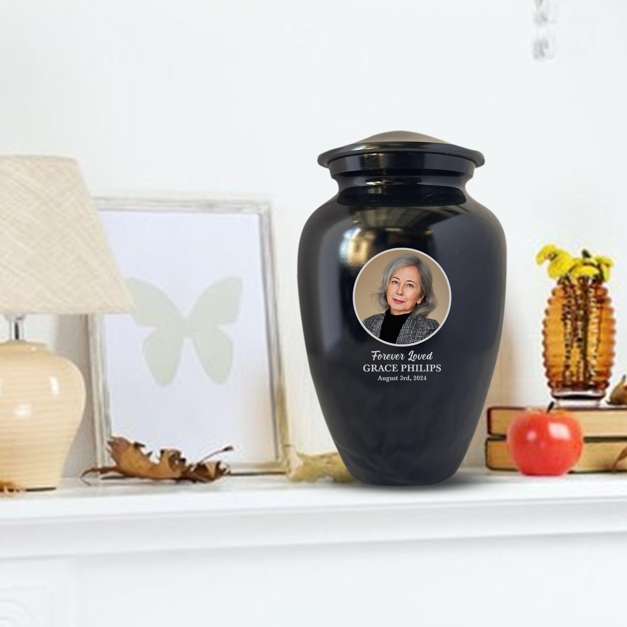 Personalized Custom Photo Human Cremation Urn for Adult Ashes Engraved Aluminum Cremation Vessel with Full Color Photo | 10.35" x 6.75" Urn for Human Remains Up to 200 Lbs | Polished Black