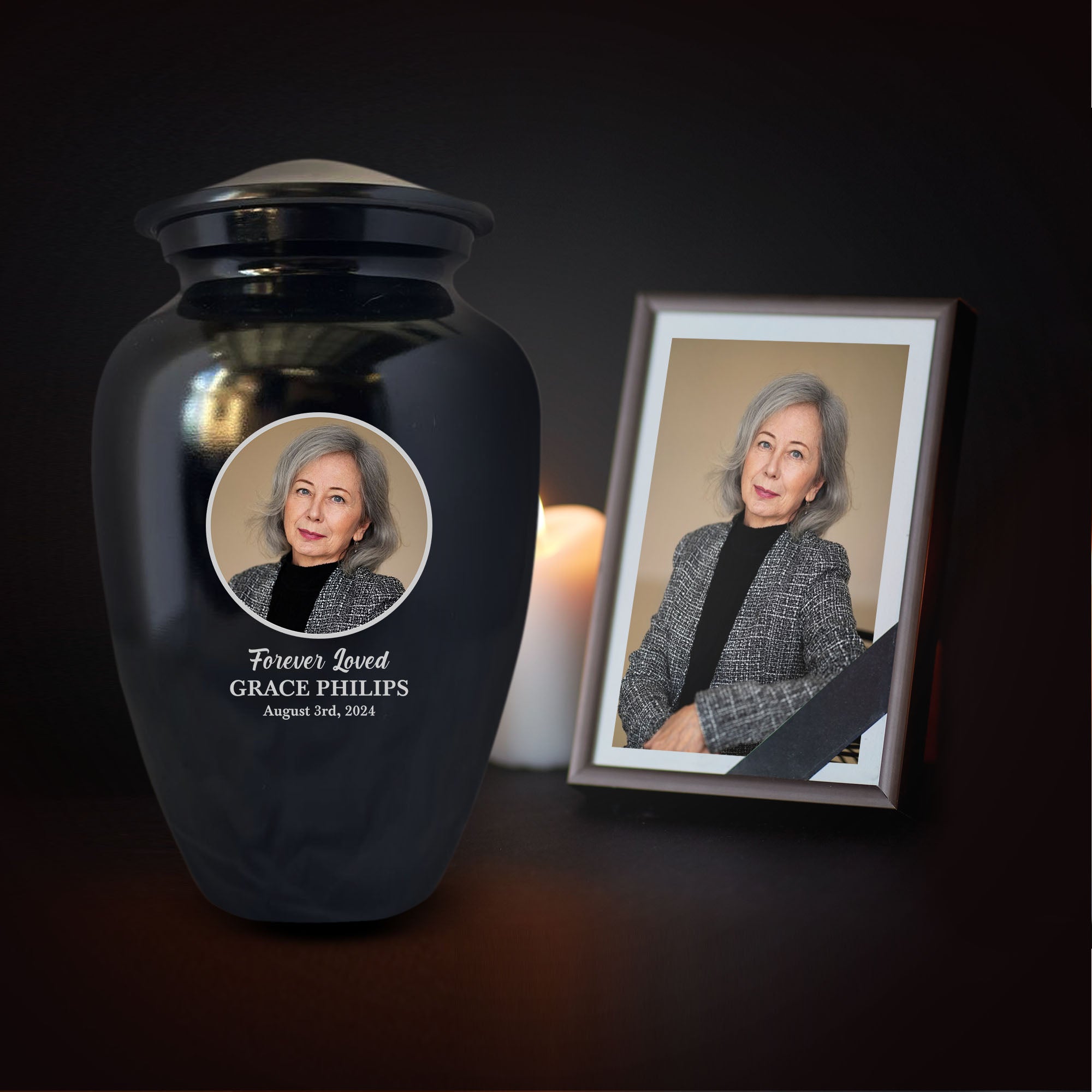 Personalized Custom Photo Human Cremation Urn for Adult Ashes Engraved Aluminum Cremation Vessel with Full Color Photo | 10.35" x 6.75" Urn for Human Remains Up to 200 Lbs | Polished Black