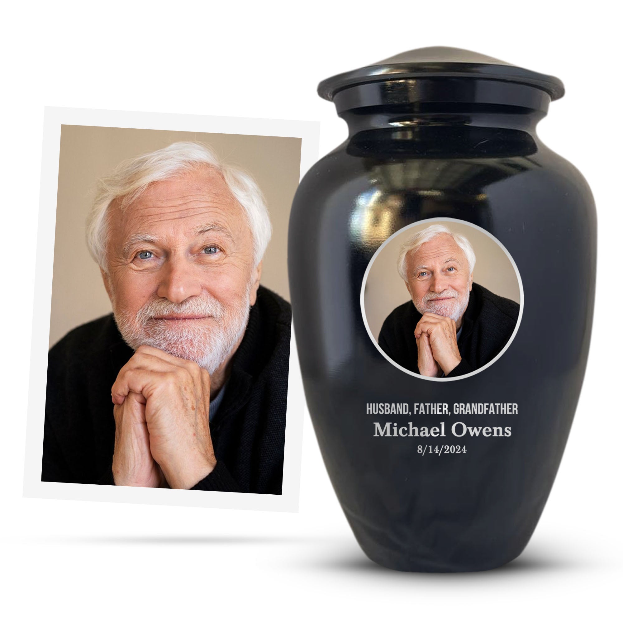 Personalized Custom Photo Human Cremation Urn for Adult Ashes Engraved Aluminum Cremation Vessel with Full Color Photo | 10.35" x 6.75" Urn for Human Remains Up to 200 Lbs | Polished Black