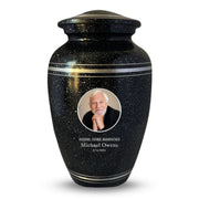 Personalized Custom Photo Human Cremation Urn for Adult Ashes Engraved Aluminum Cremation Vessel with Full Color Photo | 10.35" x 6.75" Urn for Human Remains Up to 200 Lbs | Spotted Black Silver Rim