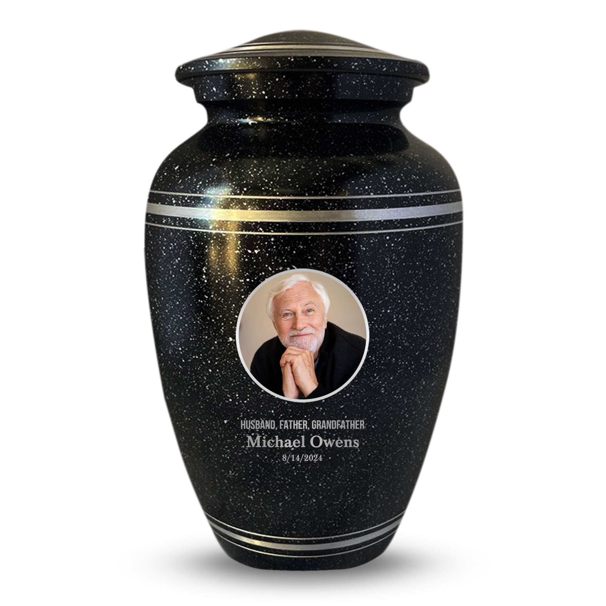 Personalized Custom Photo Human Cremation Urn for Adult Ashes Engraved Aluminum Cremation Vessel with Full Color Photo | 10.35" x 6.75" Urn for Human Remains Up to 200 Lbs | Spotted Black Silver Rim