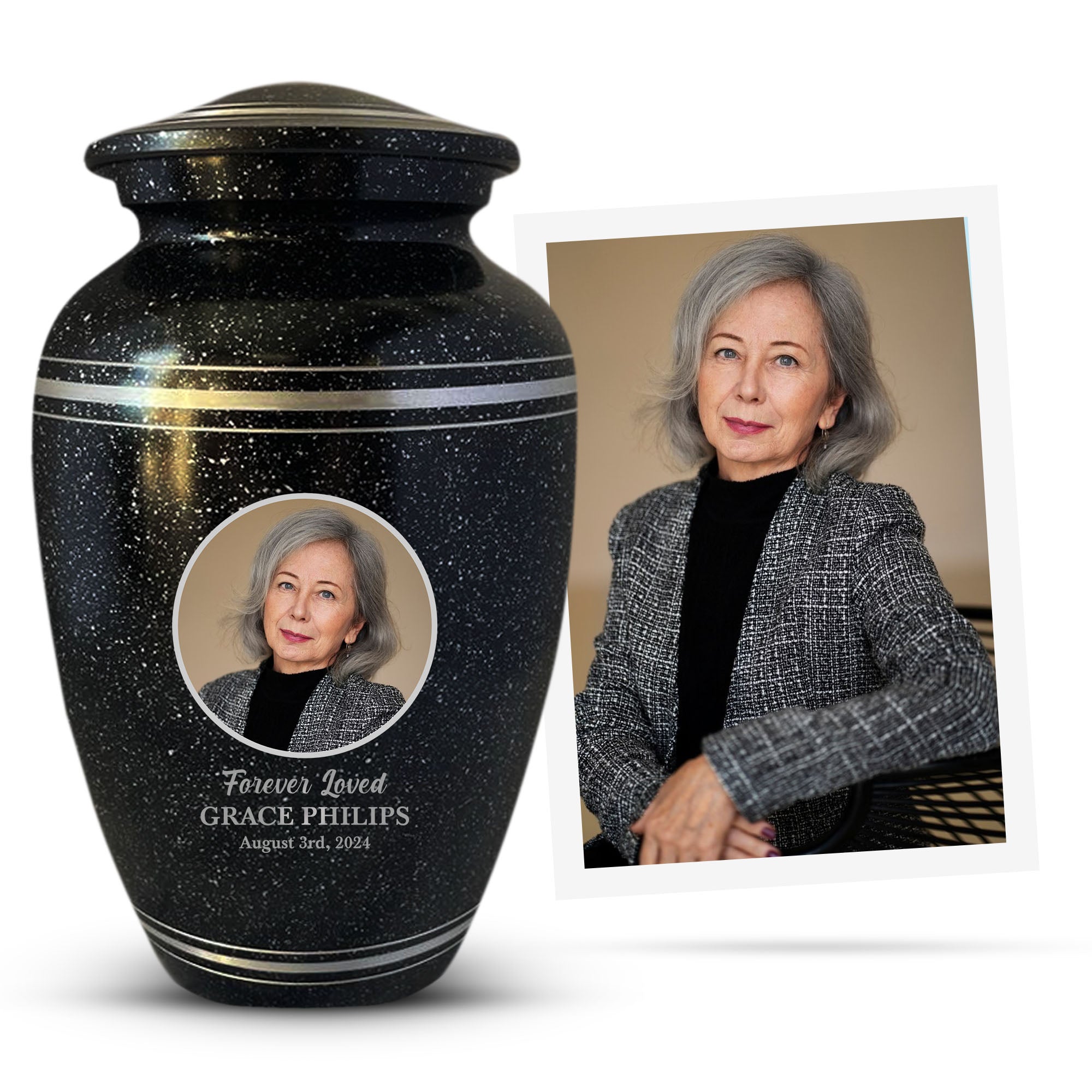 Personalized Custom Photo Human Cremation Urn for Adult Ashes Engraved Aluminum Cremation Vessel with Full Color Photo | 10.35" x 6.75" Urn for Human Remains Up to 200 Lbs | Spotted Black Silver Rim