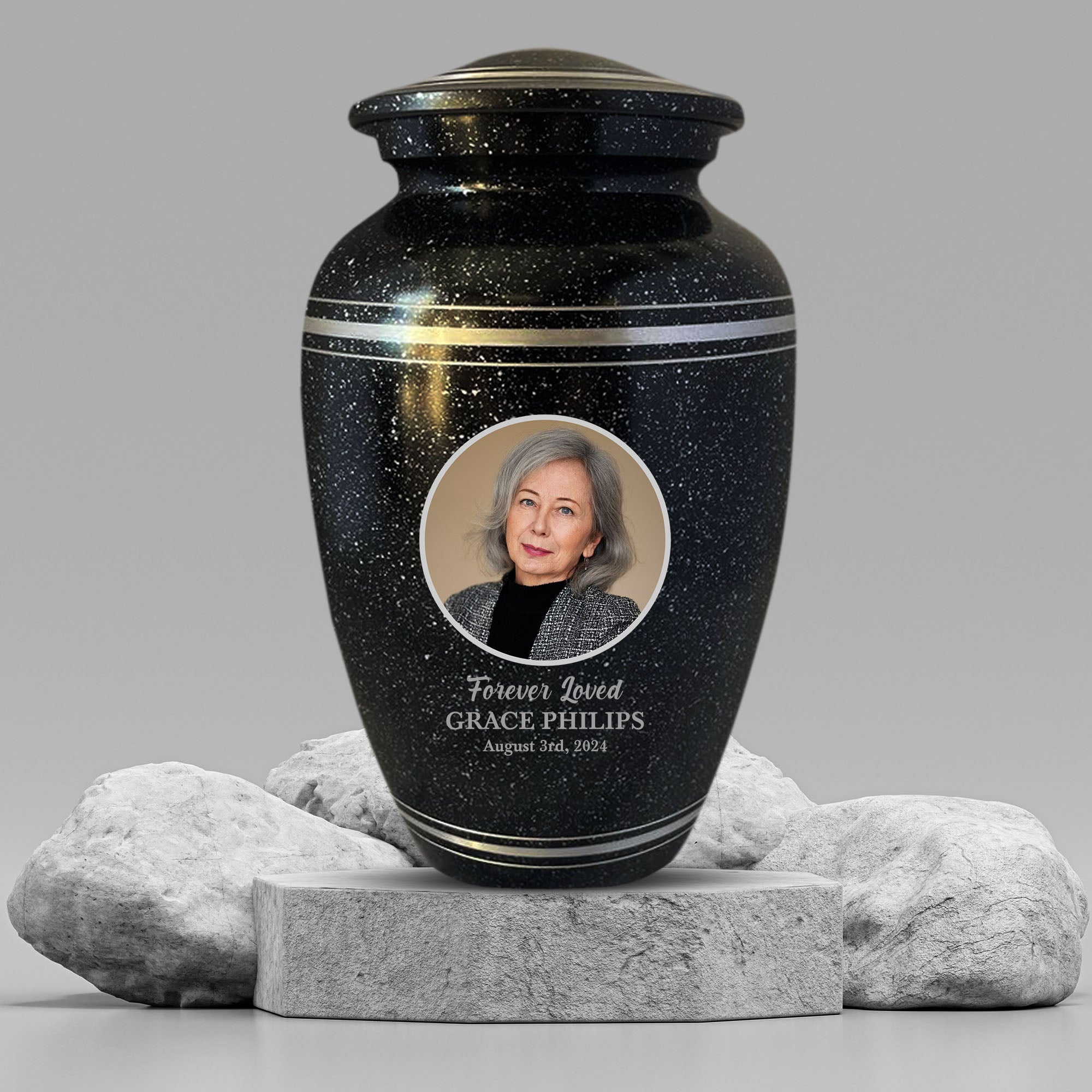 Personalized Custom Photo Human Cremation Urn for Adult Ashes Engraved Aluminum Cremation Vessel with Full Color Photo | 10.35" x 6.75" Urn for Human Remains Up to 200 Lbs | Spotted Black Silver Rim