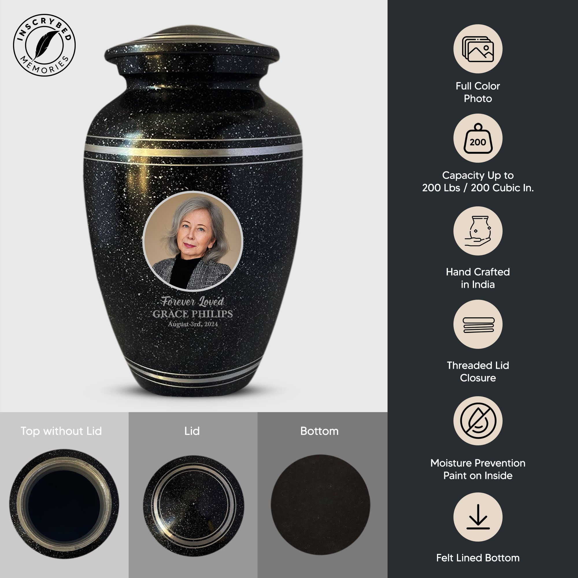 Personalized Custom Photo Human Cremation Urn for Adult Ashes Engraved Aluminum Cremation Vessel with Full Color Photo | 10.35" x 6.75" Urn for Human Remains Up to 200 Lbs | Spotted Black Silver Rim