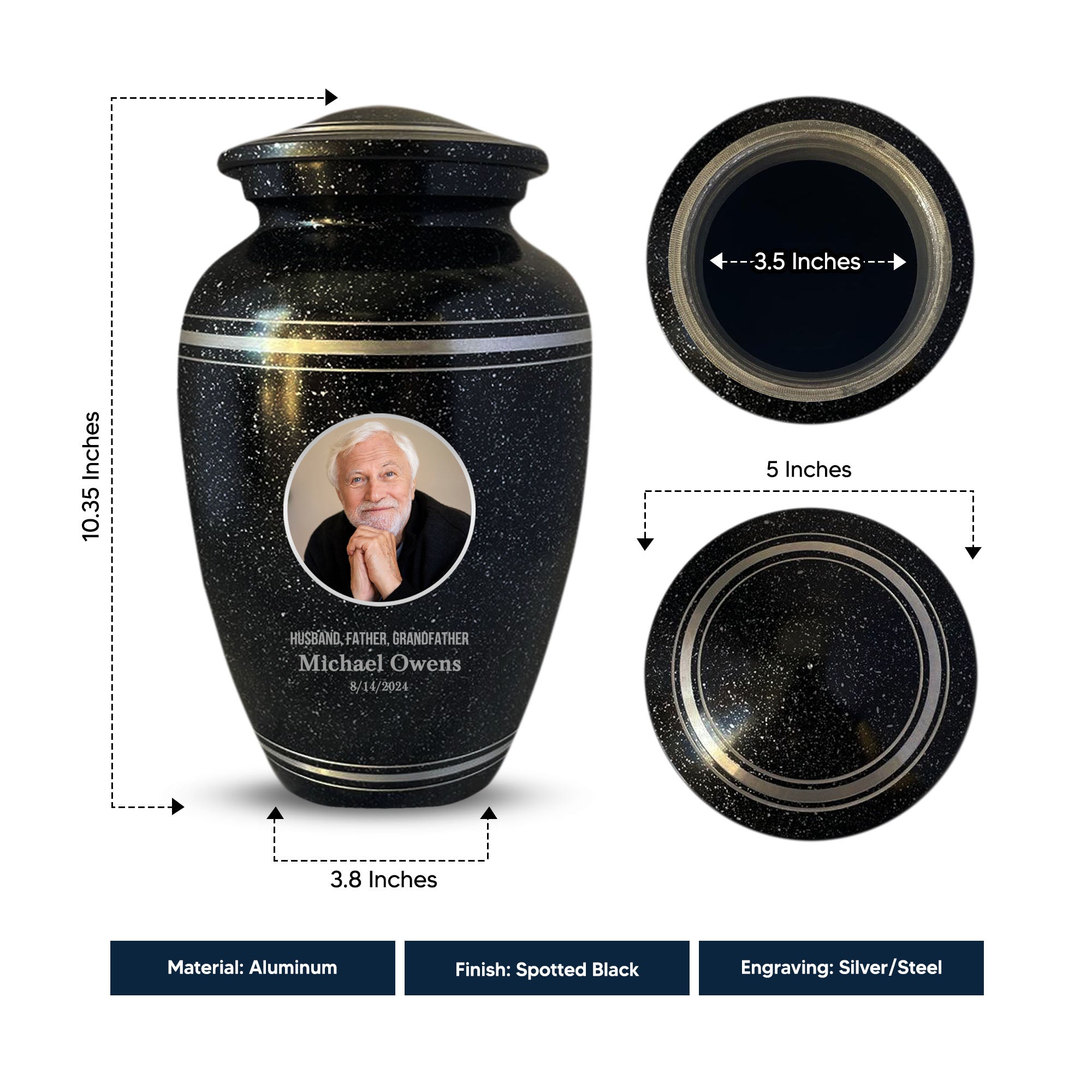 Personalized Custom Photo Human Cremation Urn for Adult Ashes Engraved Aluminum Cremation Vessel with Full Color Photo | 10.35" x 6.75" Urn for Human Remains Up to 200 Lbs | Spotted Black Silver Rim