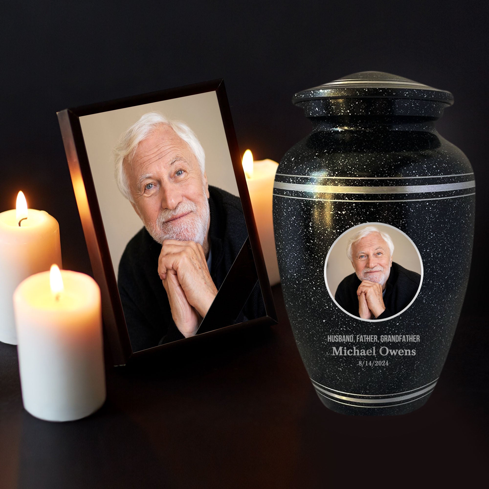 Personalized Custom Photo Human Cremation Urn for Adult Ashes Engraved Aluminum Cremation Vessel with Full Color Photo | 10.35" x 6.75" Urn for Human Remains Up to 200 Lbs | Spotted Black Silver Rim