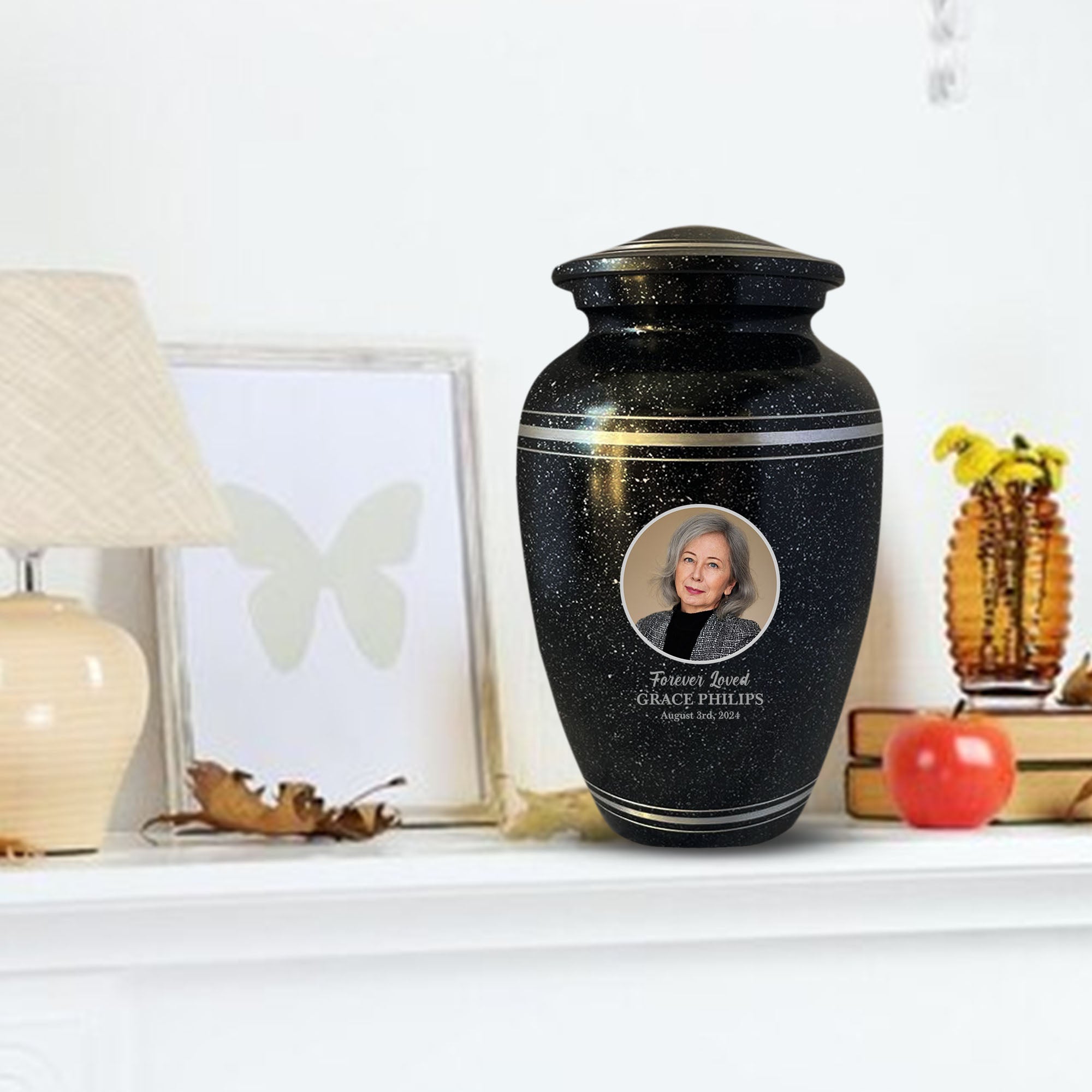 Personalized Custom Photo Human Cremation Urn for Adult Ashes Engraved Aluminum Cremation Vessel with Full Color Photo | 10.35" x 6.75" Urn for Human Remains Up to 200 Lbs | Spotted Black Silver Rim