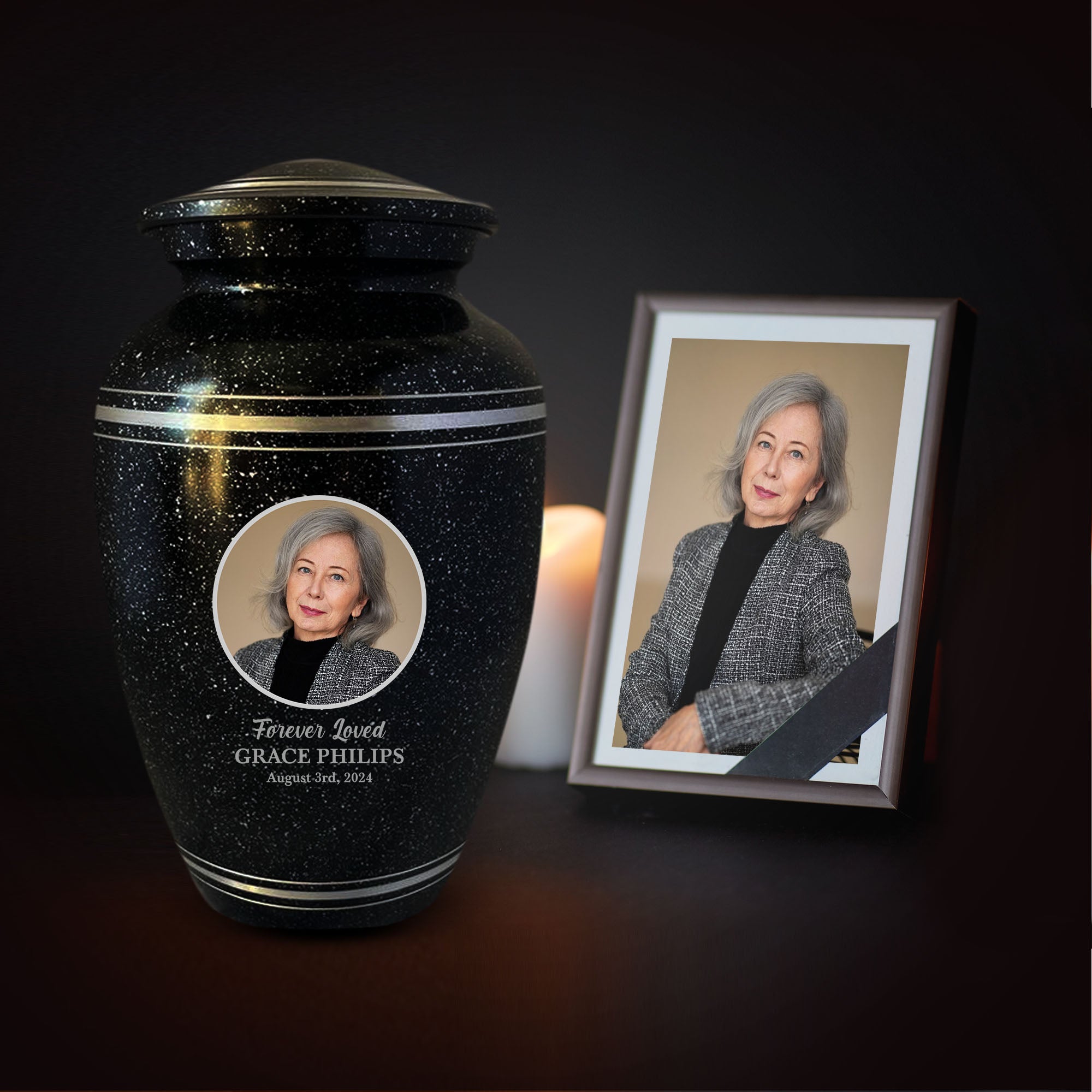 Personalized Custom Photo Human Cremation Urn for Adult Ashes Engraved Aluminum Cremation Vessel with Full Color Photo | 10.35" x 6.75" Urn for Human Remains Up to 200 Lbs | Spotted Black Silver Rim