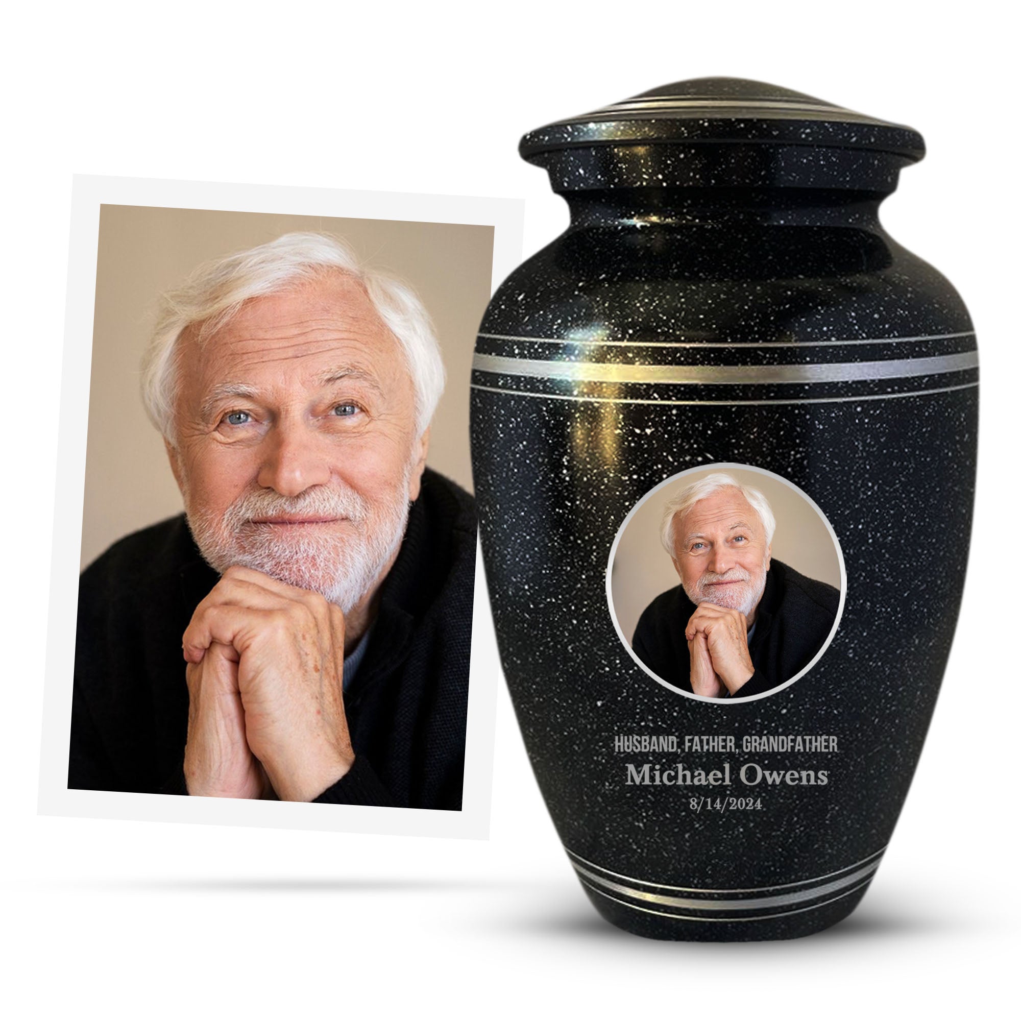 Personalized Custom Photo Human Cremation Urn for Adult Ashes Engraved Aluminum Cremation Vessel with Full Color Photo | 10.35" x 6.75" Urn for Human Remains Up to 200 Lbs | Spotted Black Silver Rim