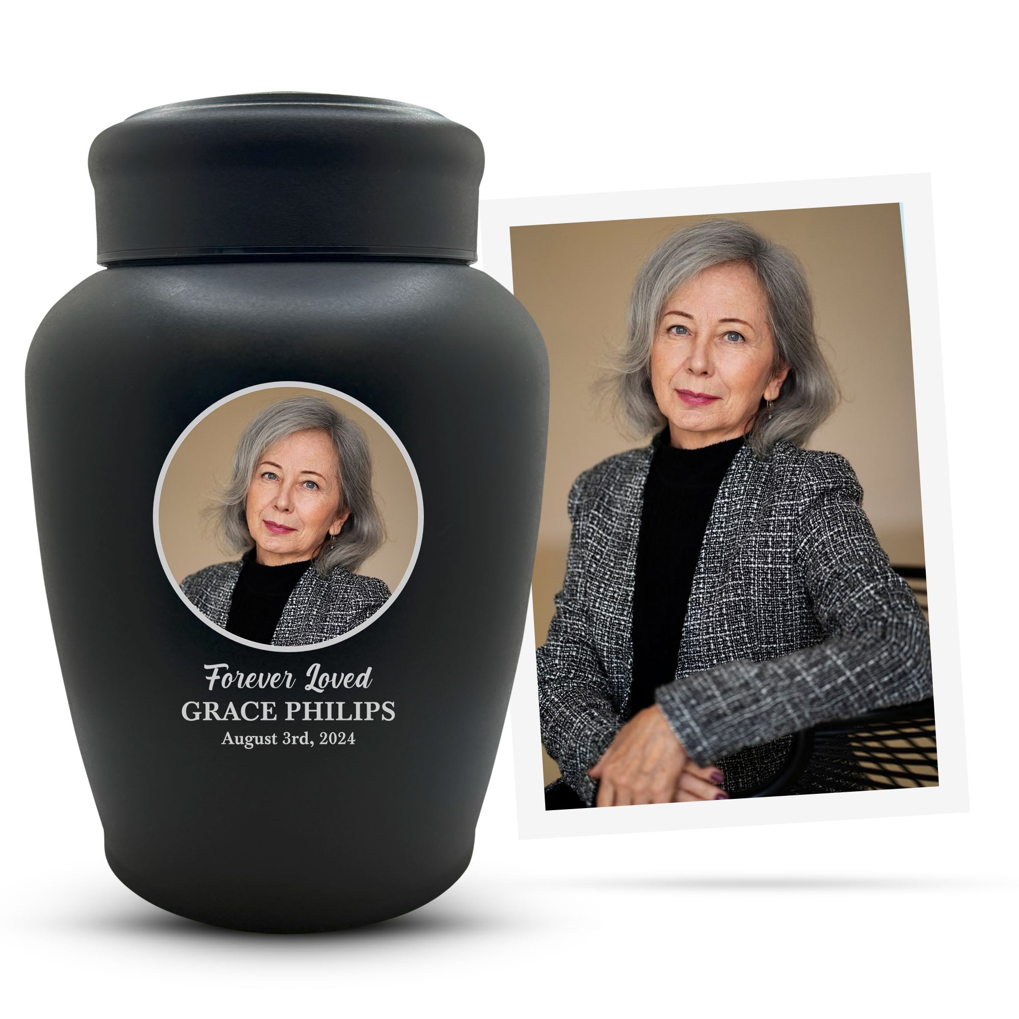 Personalized Custom Photo Human Cremation Urn for Adult Ashes Engraved Stainless Steel Urn Vessel with Full Color Photo | 8.2" x 6.5" Urn for Human Remains Up to 150 Lbs | Black