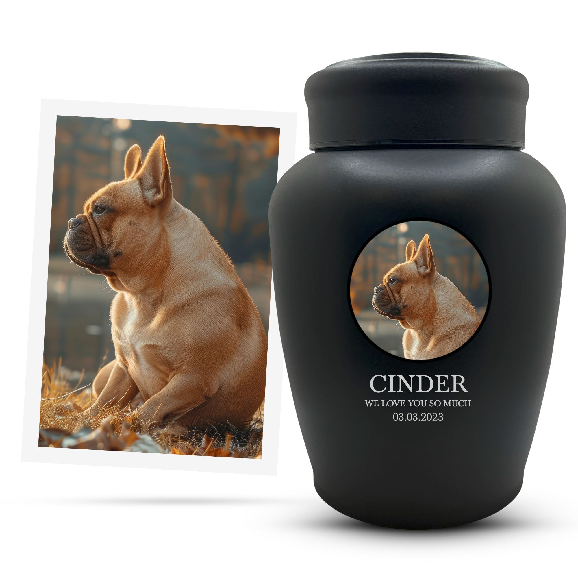 Personalized Custom Photo Dog Urn Engraved Dog Name and Date Stainless Steel Cremation Urns for Dogs Ashes with Your Pet Photo | Large Breeds Up to 150 Lbs | Large 8.2" x 6.5" | Black