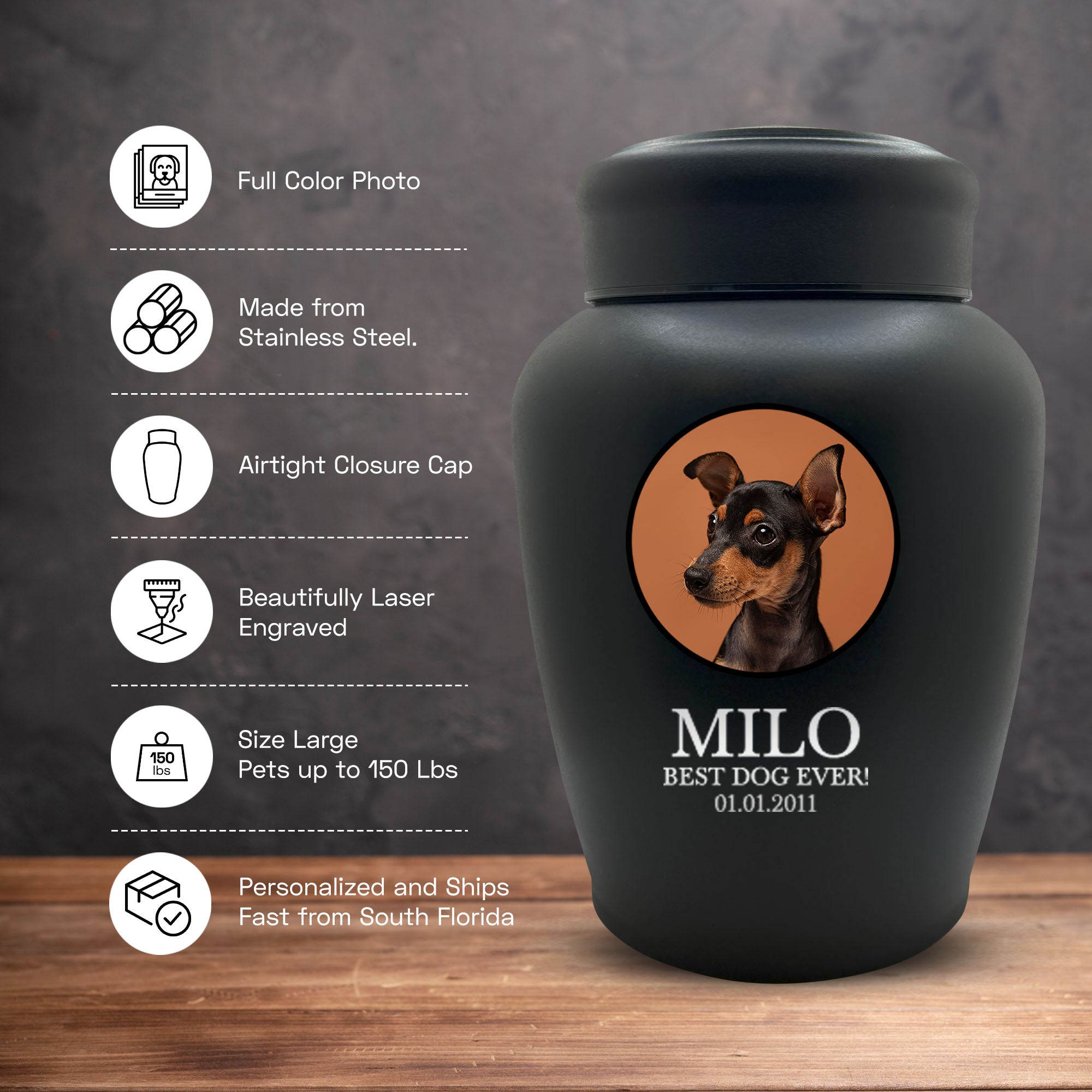 Personalized Custom Photo Dog Urn Engraved Dog Name and Date Stainless Steel Cremation Urns for Dogs Ashes with Your Pet Photo | Large Breeds Up to 150 Lbs | Large 8.2" x 6.5" | Black