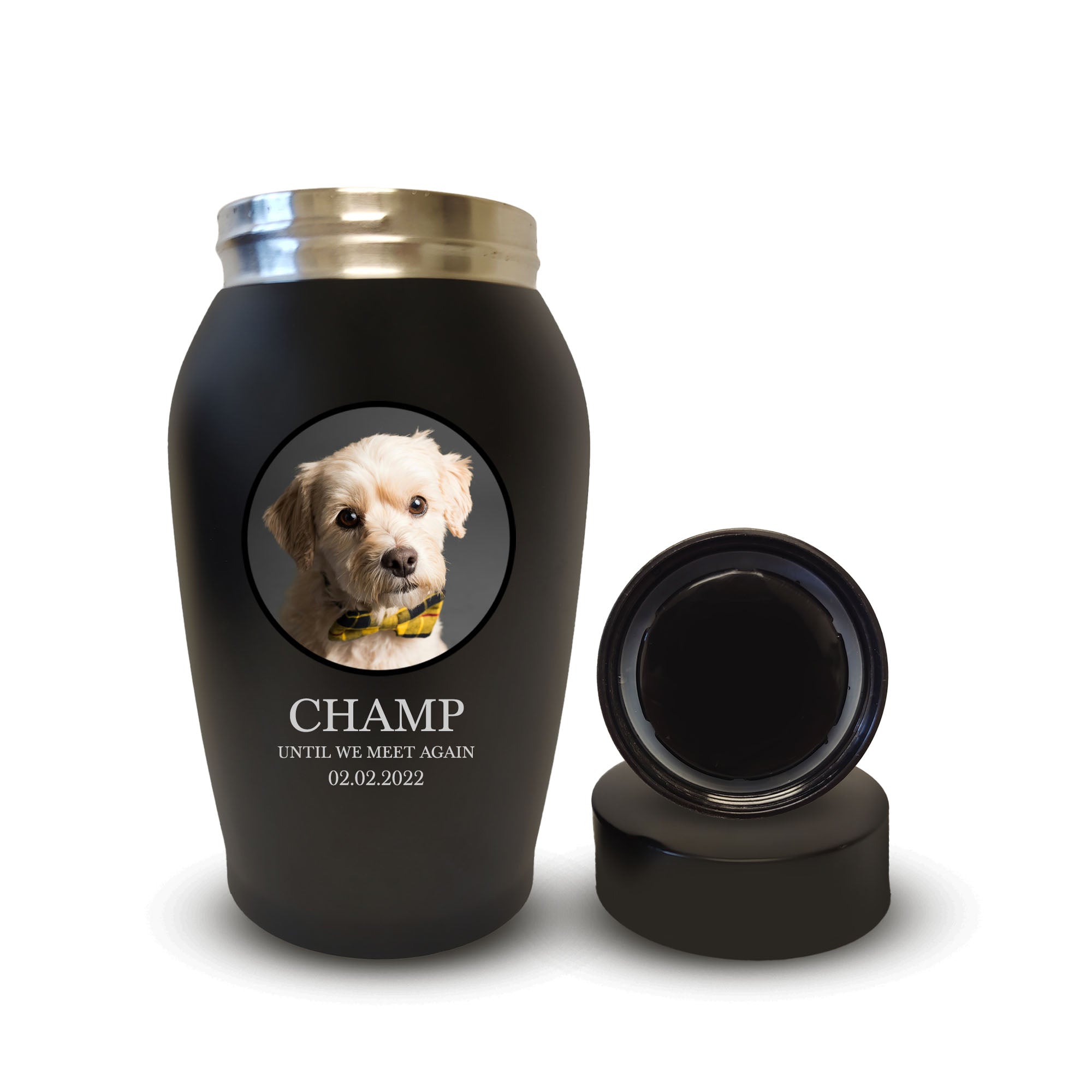 Personalized Custom Photo Dog Urn Engraved Dog Name and Date Stainless Steel Cremation Urns for Dogs Ashes with Your Dogs Photo | Medium Breeds Up to 50 Lbs | Standard 7" x 5" | Black