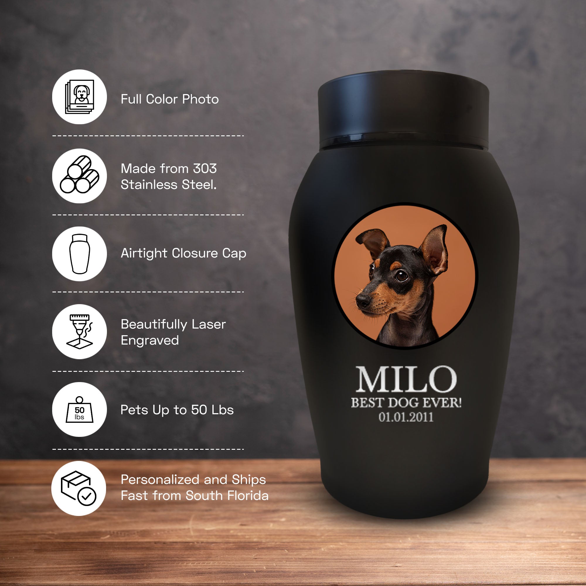 Personalized Custom Photo Dog Urn Engraved Dog Name and Date Stainless Steel Cremation Urns for Dogs Ashes with Your Dogs Photo | Medium Breeds Up to 50 Lbs | Standard 7" x 5" | Black