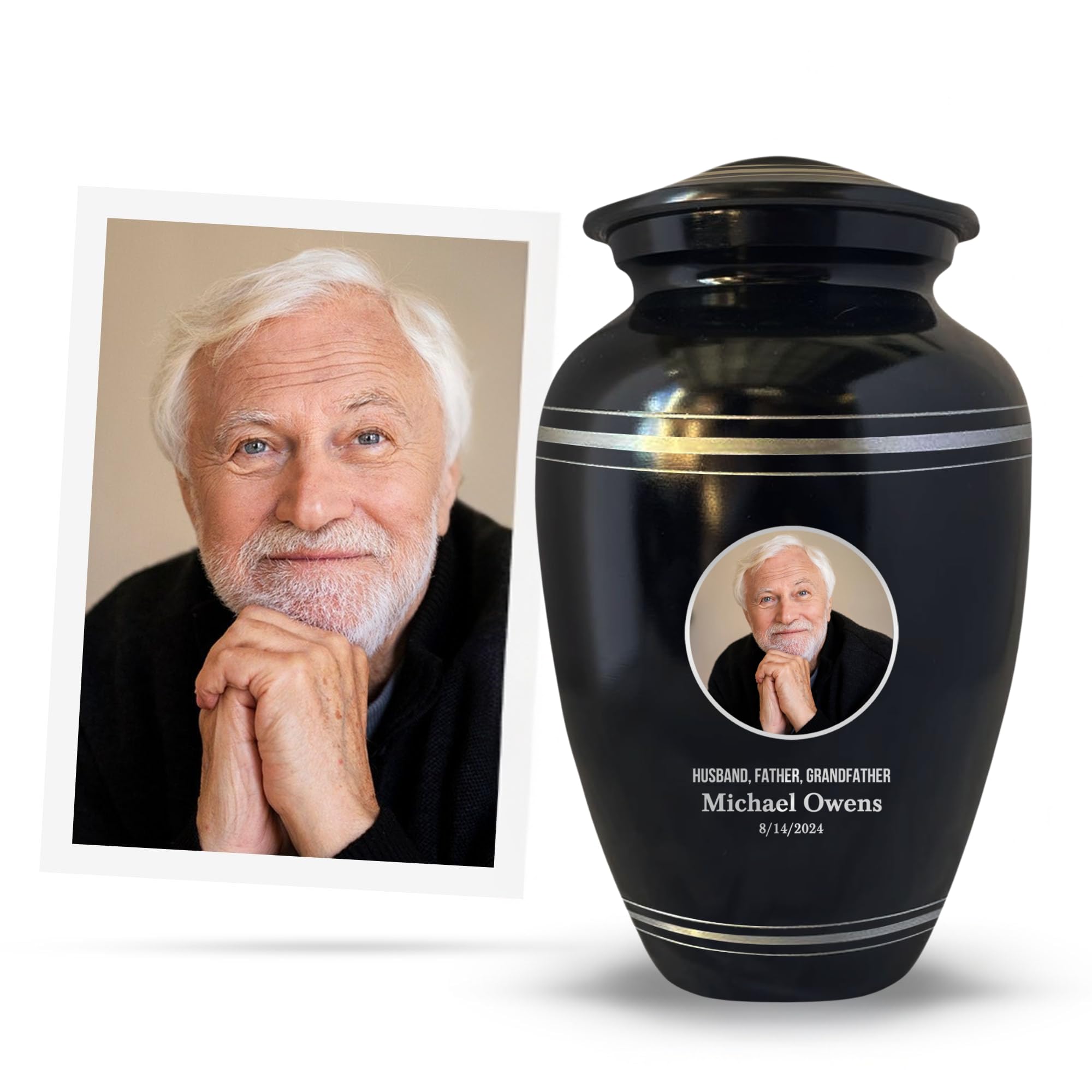 Polished Aluminum with Silver Rim Human Cremation Urn - 200 Cubic Inch | Custom Photo