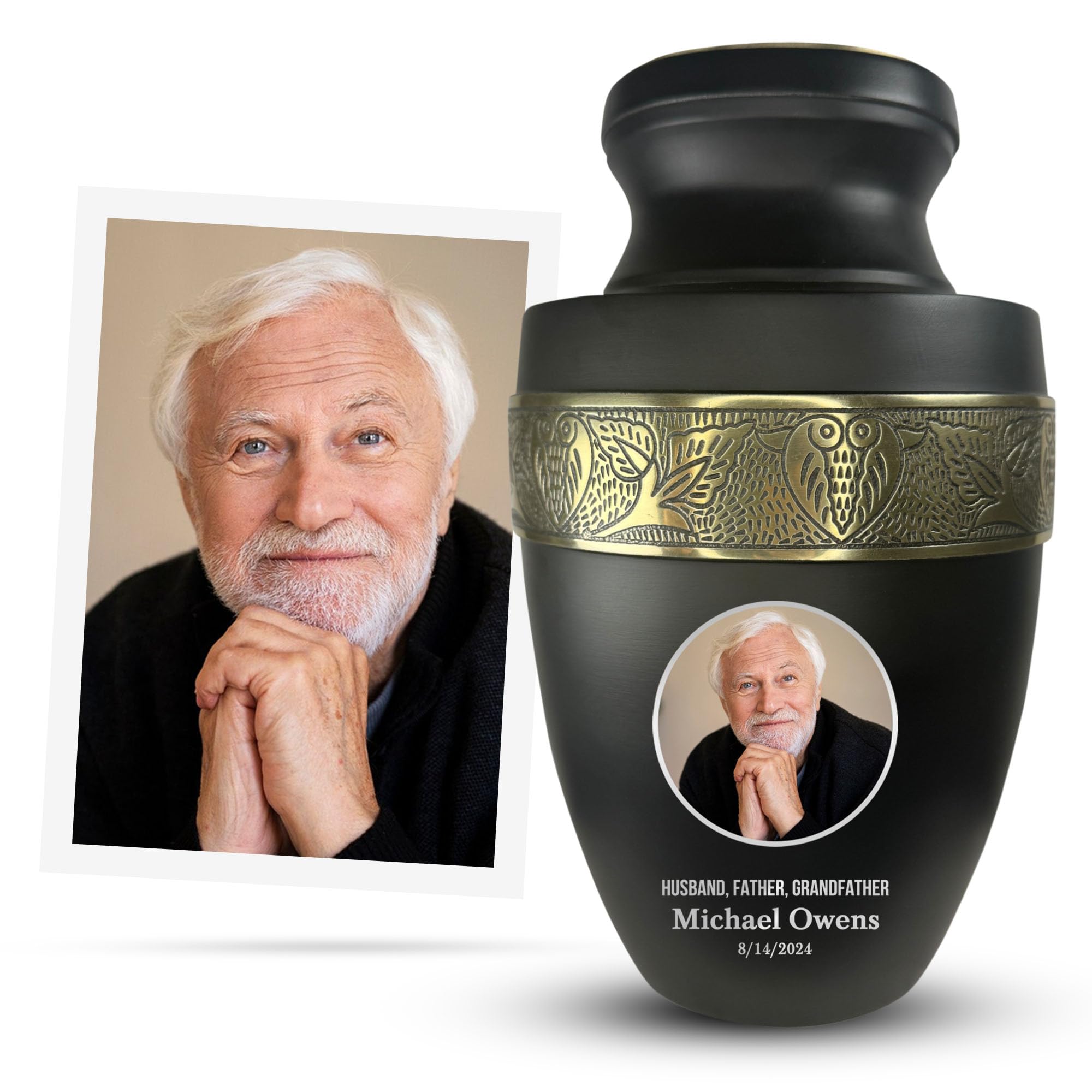 Elite Human Cremation Urn - 200 Cubic Inch - Aluminum with Gold Inlay | Custom Photo