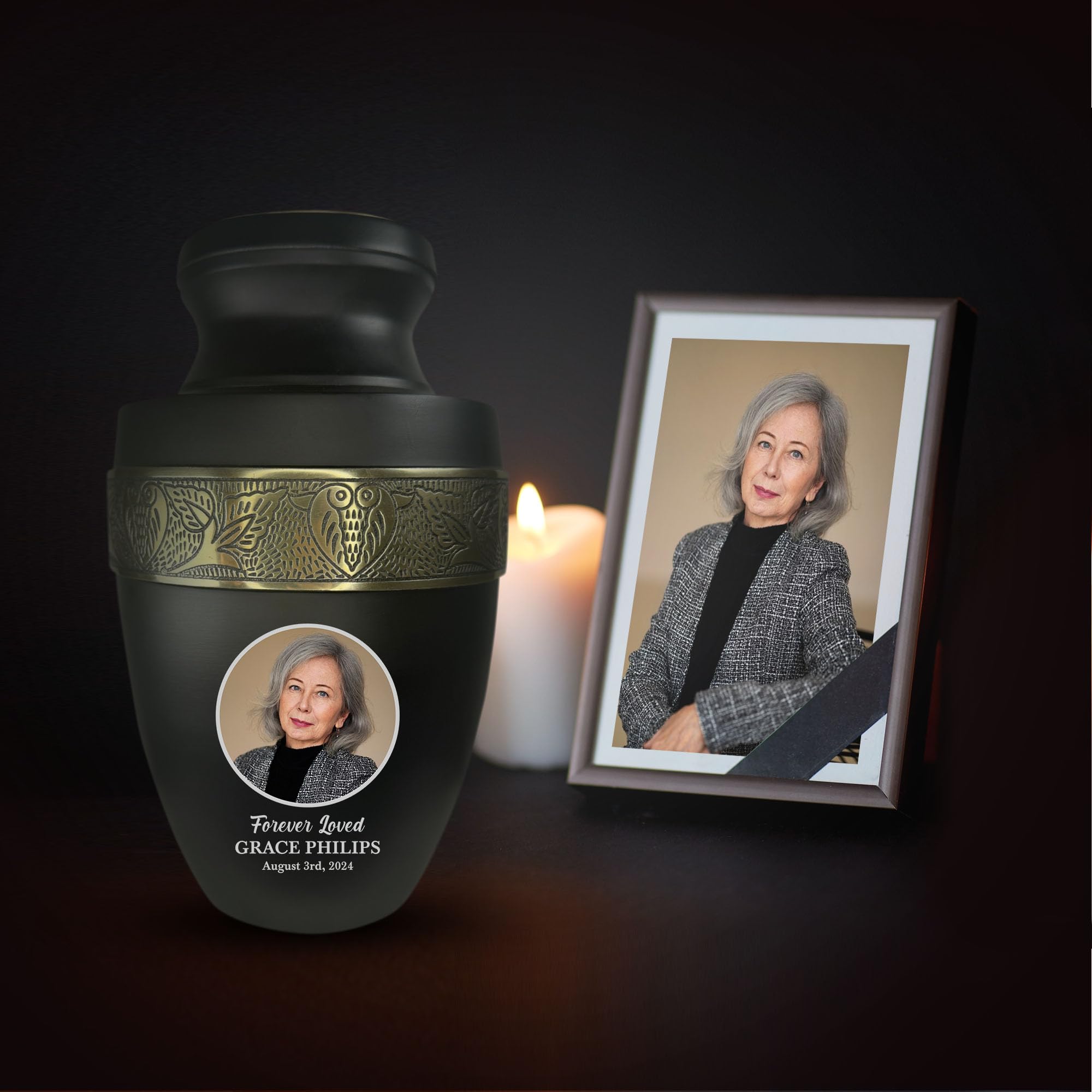 Elite Human Cremation Urn - 200 Cubic Inch - Aluminum with Gold Inlay | Custom Photo