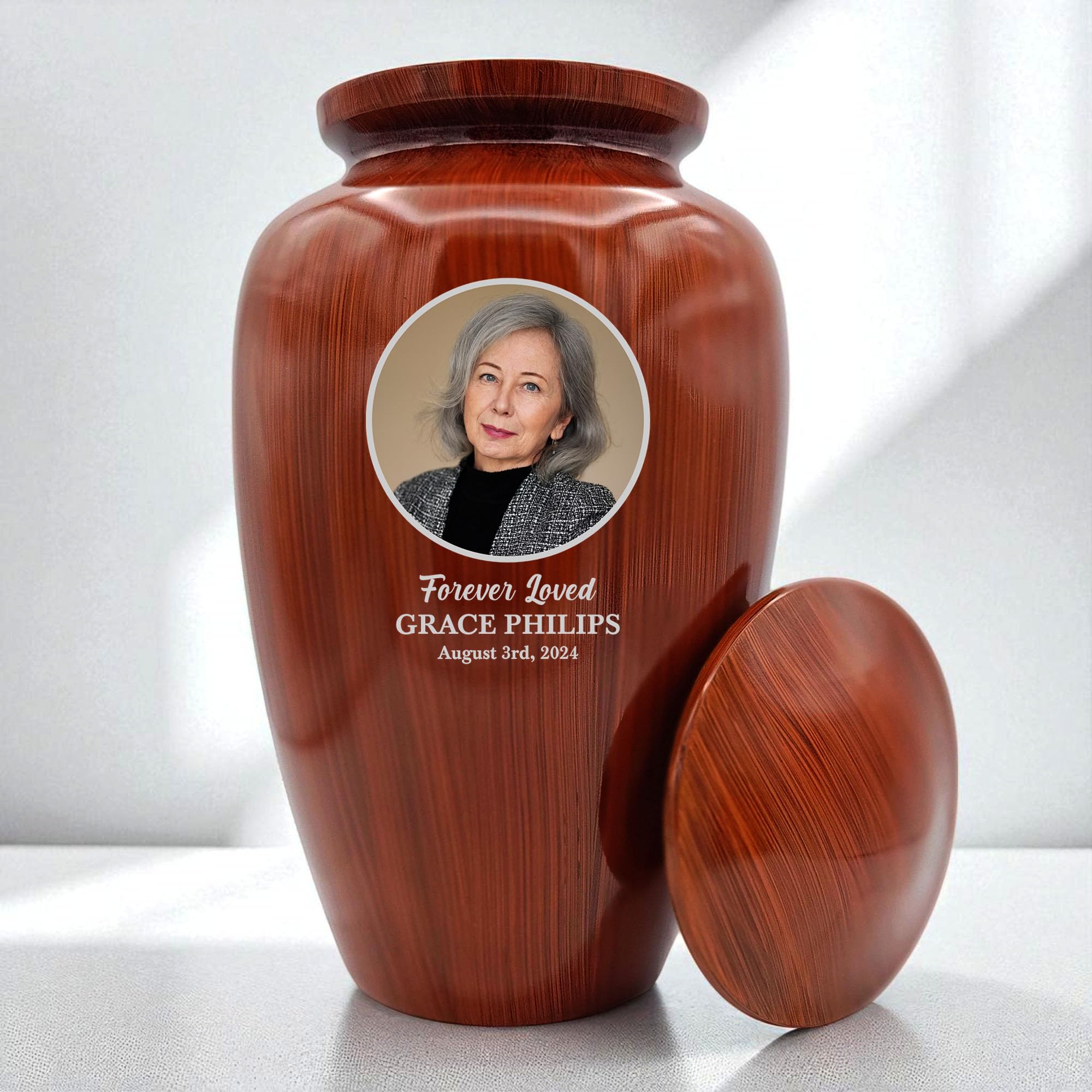 Human Cremation Urn - 200 Cubic Inch - Ingrained Wood Style Finish | Custom Photo