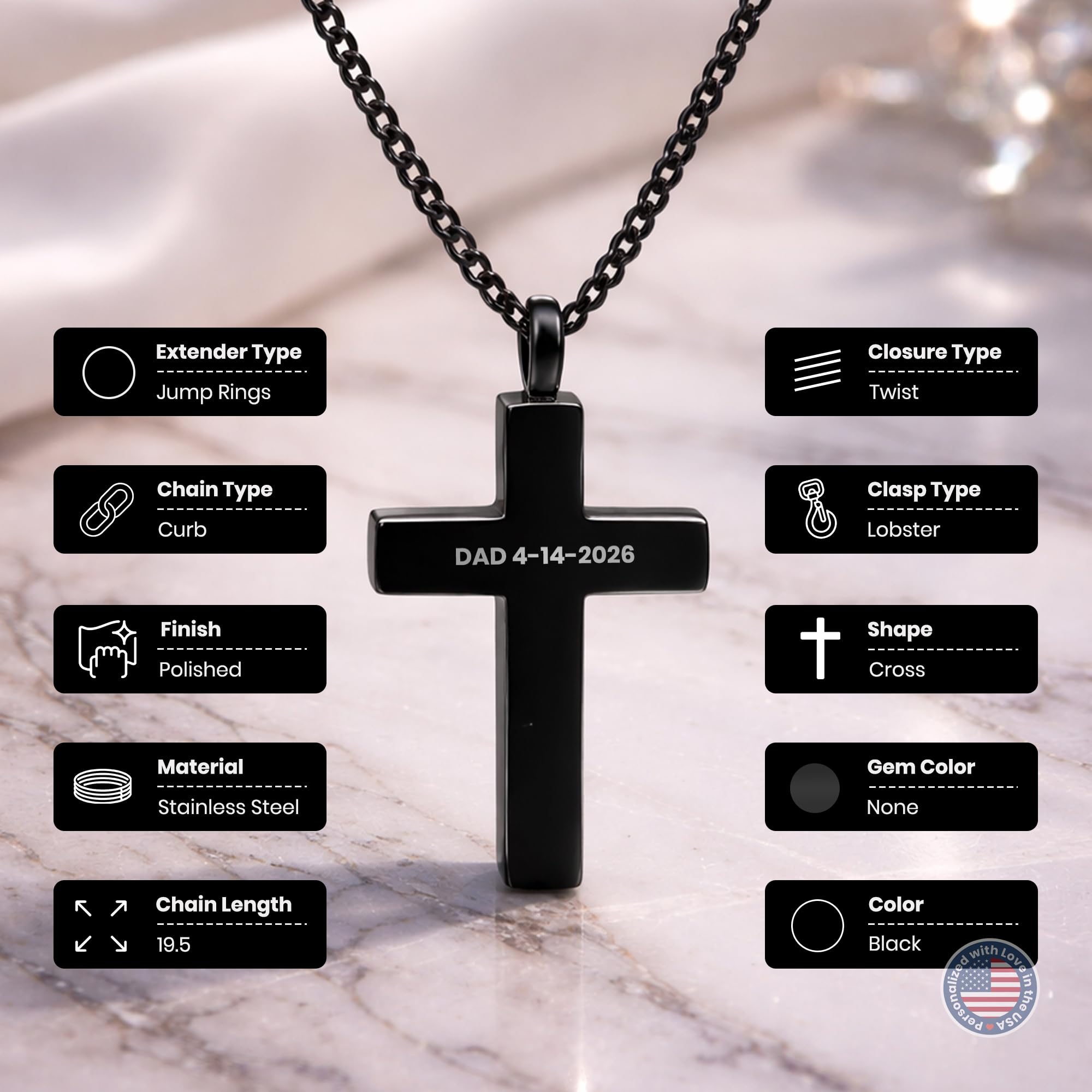 Cremation Urn Cross Necklace – Stainless Steel Keepsake Jewelry for Ashes | Custom Engraved