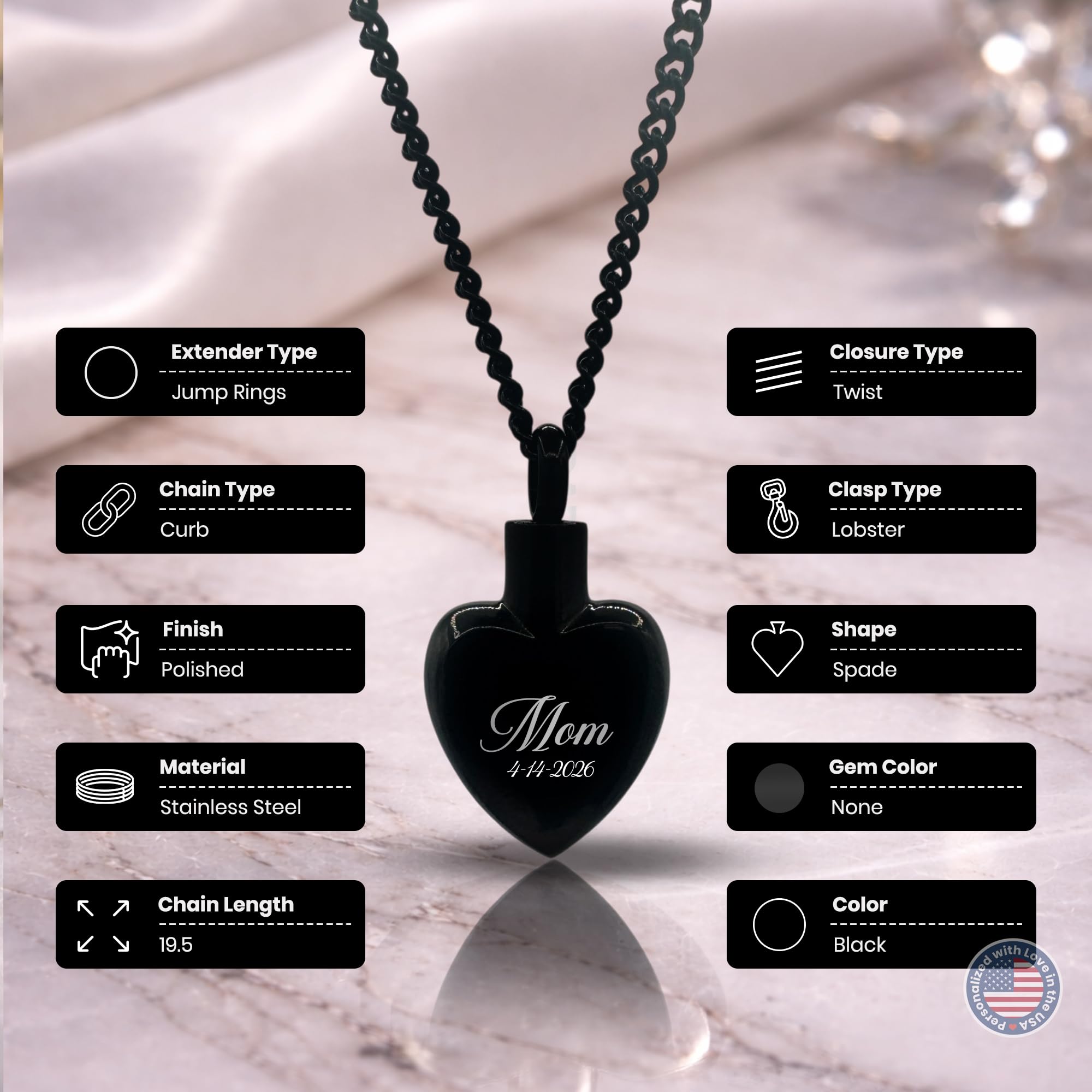 Cremation Urn Spade Necklace – Stainless Steel Keepsake Jewelry for Ashes | Custom Engraved