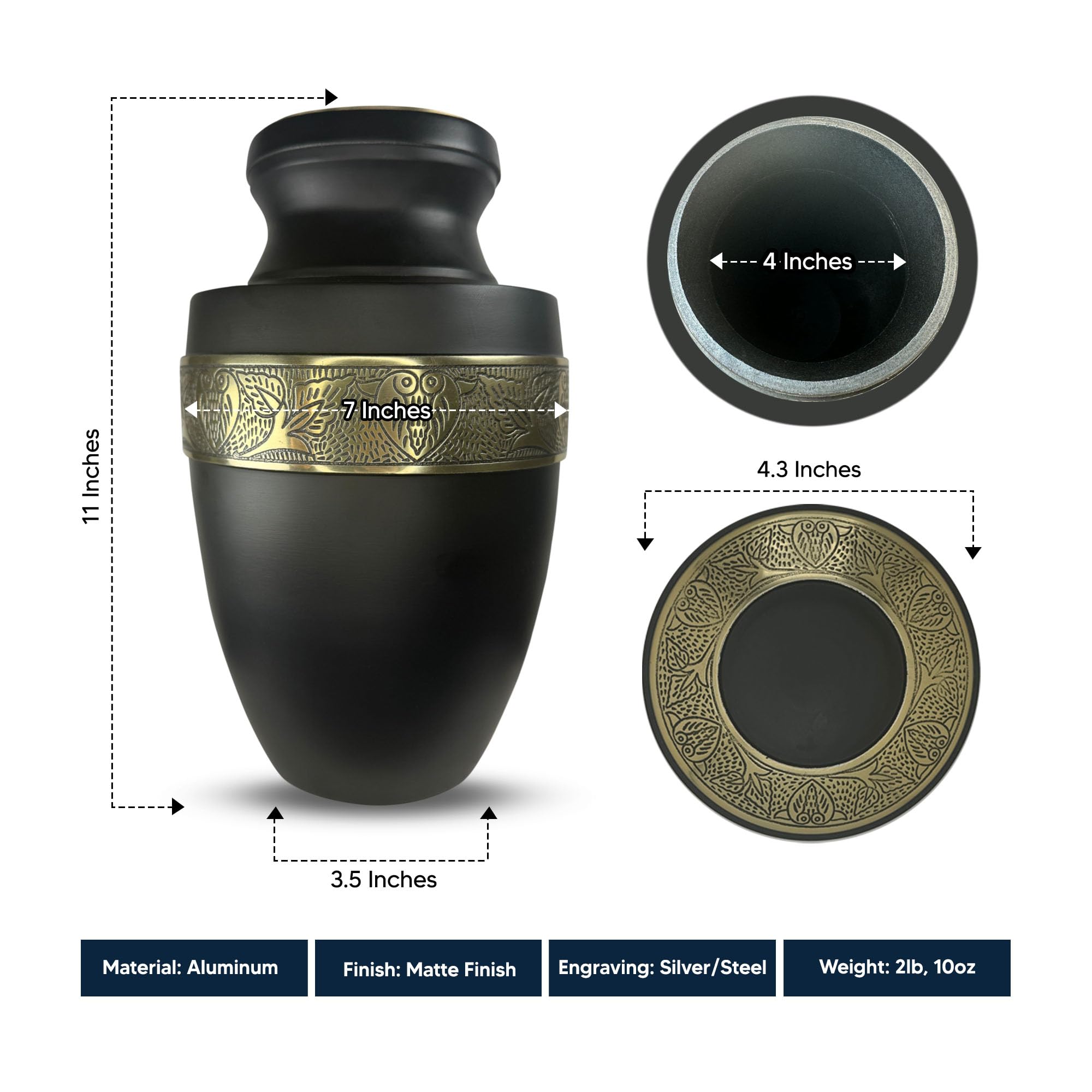 Elite Human Cremation Urn - 200 Cubic Inch - Aluminum with Gold Inlay | Custom Photo