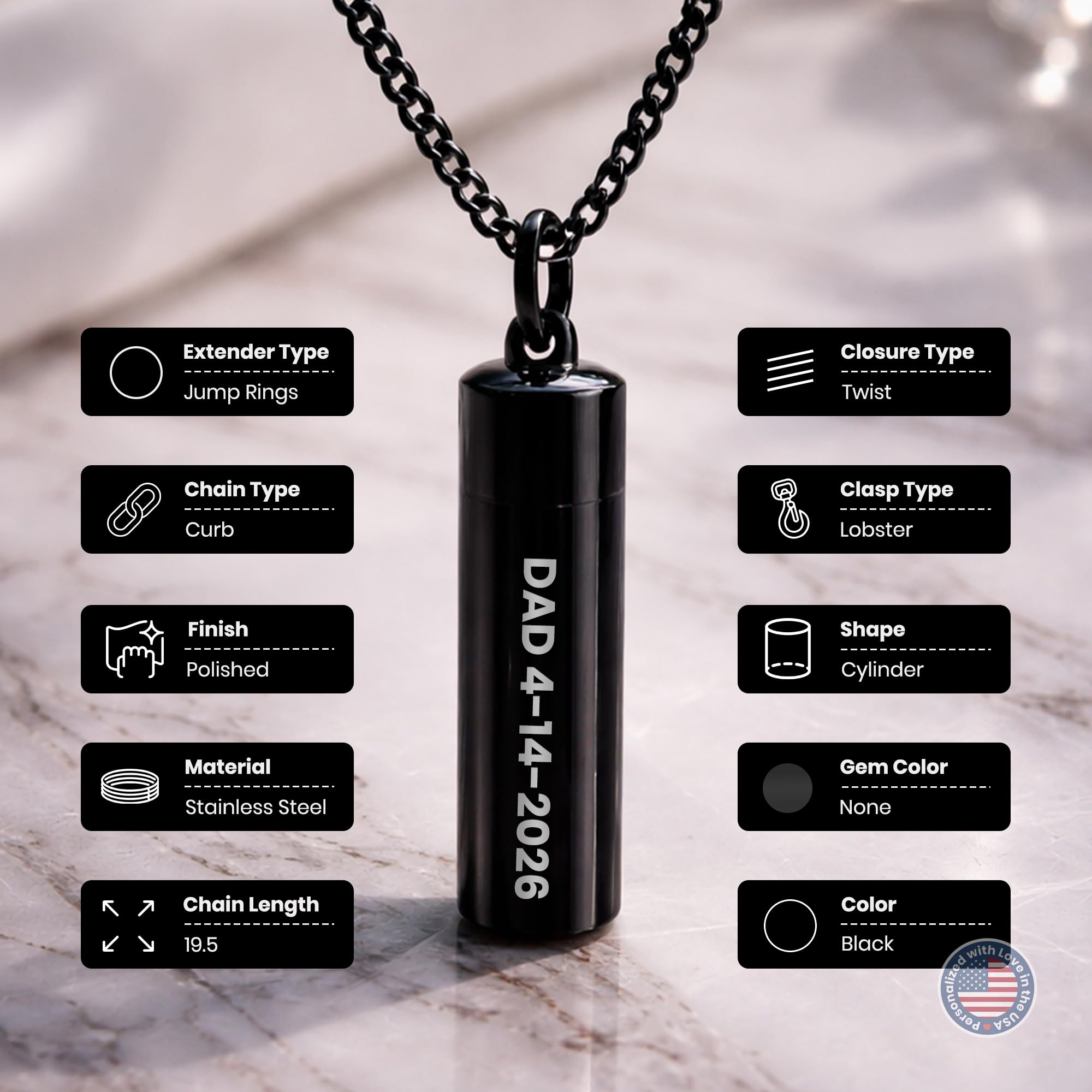 Cremation Urn Cylinder Necklace – Stainless Steel Keepsake Jewelry for Ashes | Custom Engraved