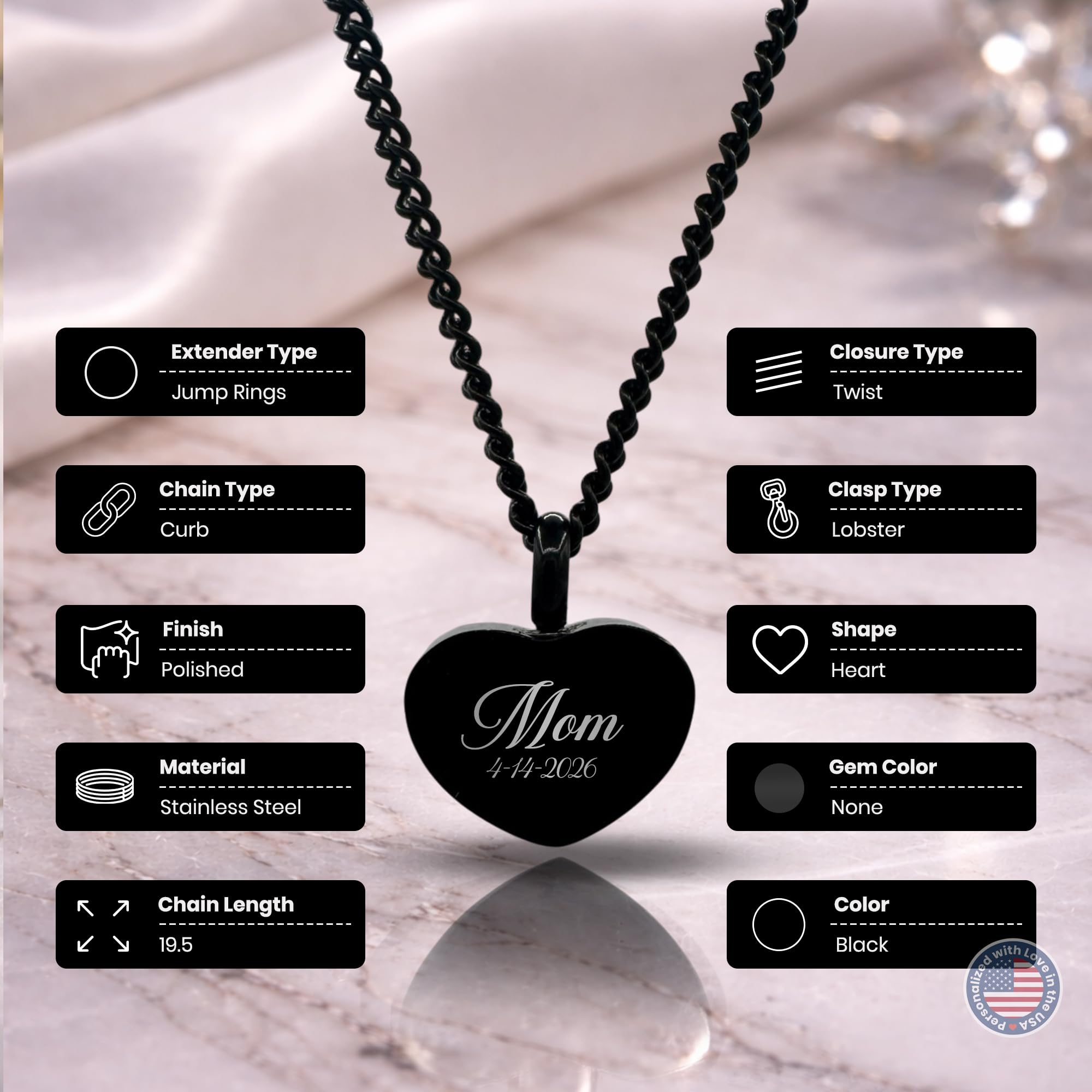 Cremation Urn Heart Necklace – Stainless Steel Keepsake Jewelry for Ashes | Custom Engraved