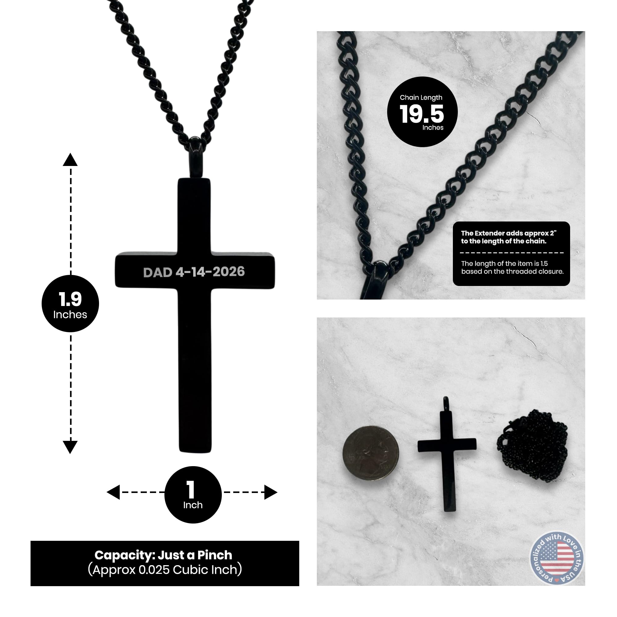 Cremation Urn Cross Necklace – Stainless Steel Keepsake Jewelry for Ashes | Custom Engraved
