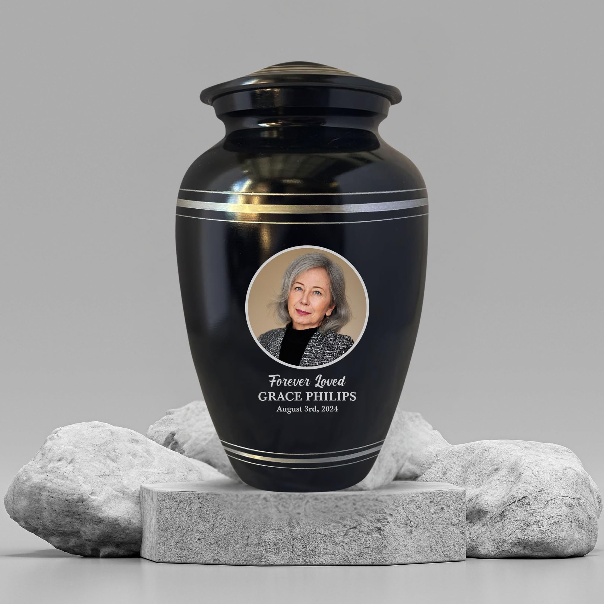 Polished Aluminum with Silver Rim Human Cremation Urn - 200 Cubic Inch | Custom Photo