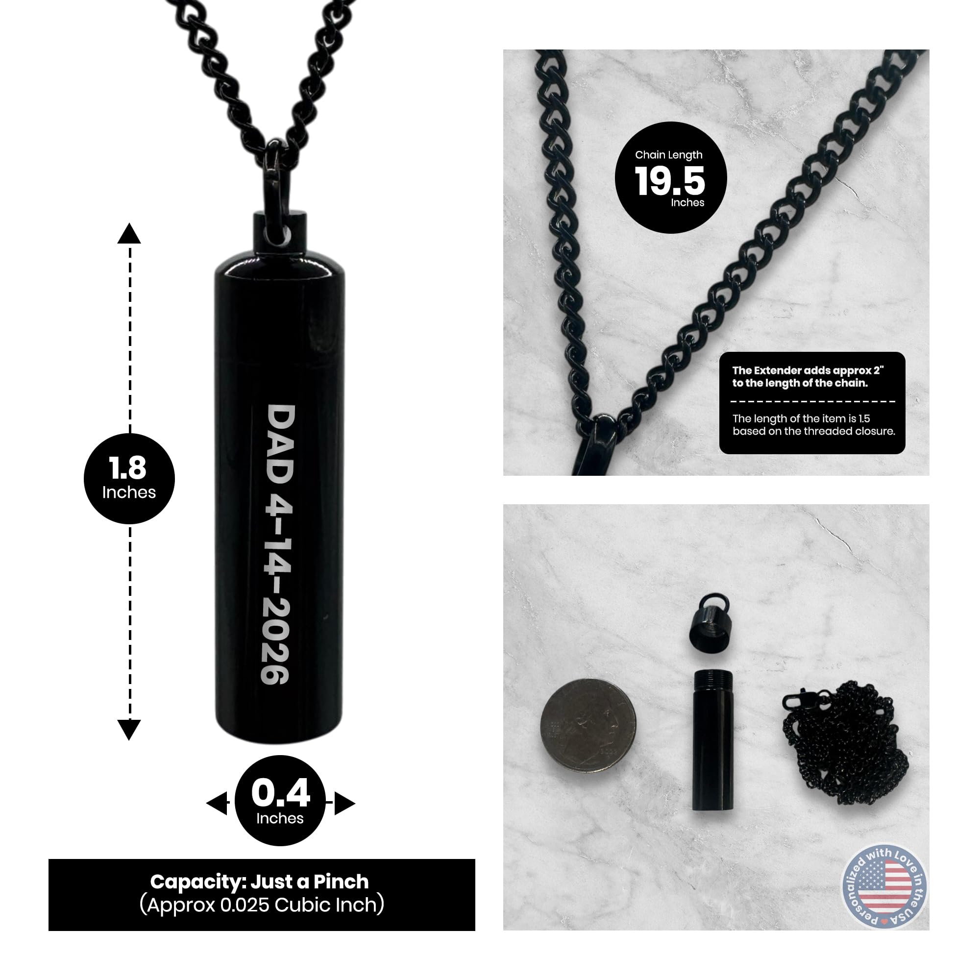 Cremation Urn Cylinder Necklace – Stainless Steel Keepsake Jewelry for Ashes | Custom Engraved
