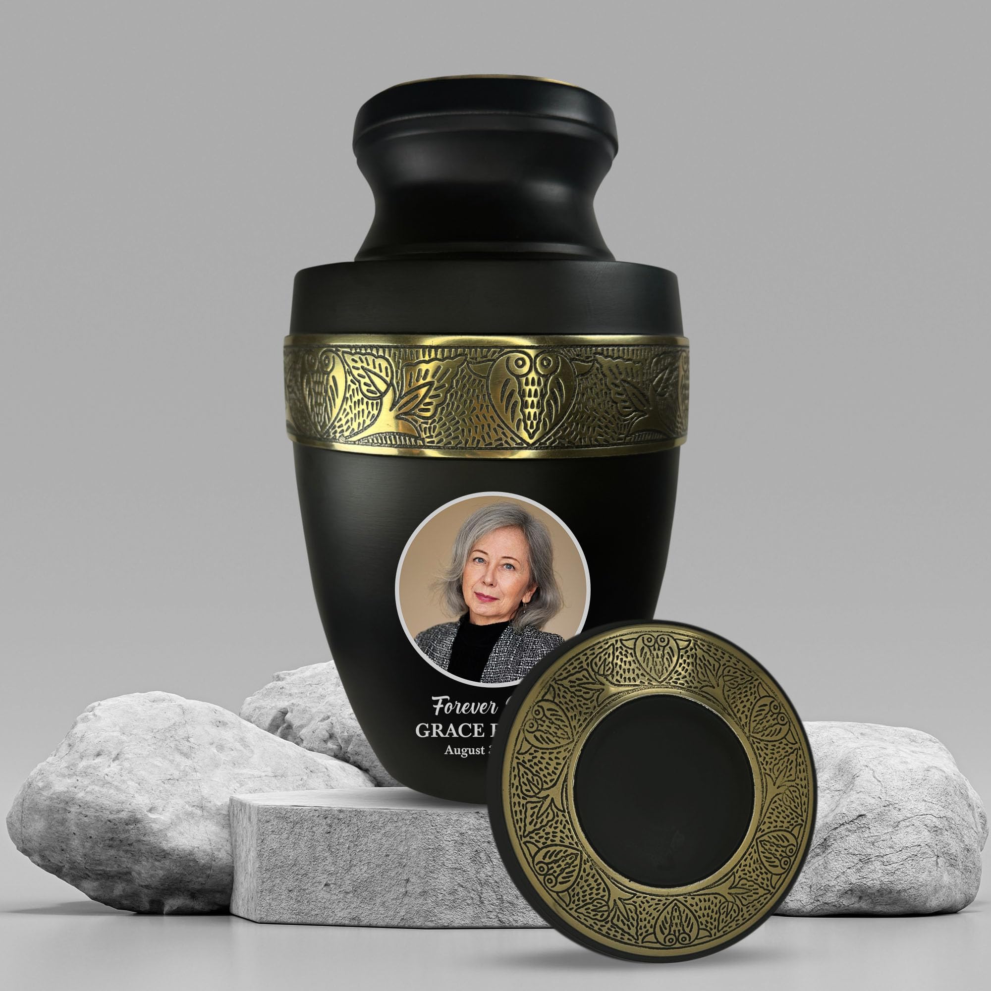 Elite Human Cremation Urn - 200 Cubic Inch - Aluminum with Gold Inlay | Custom Photo