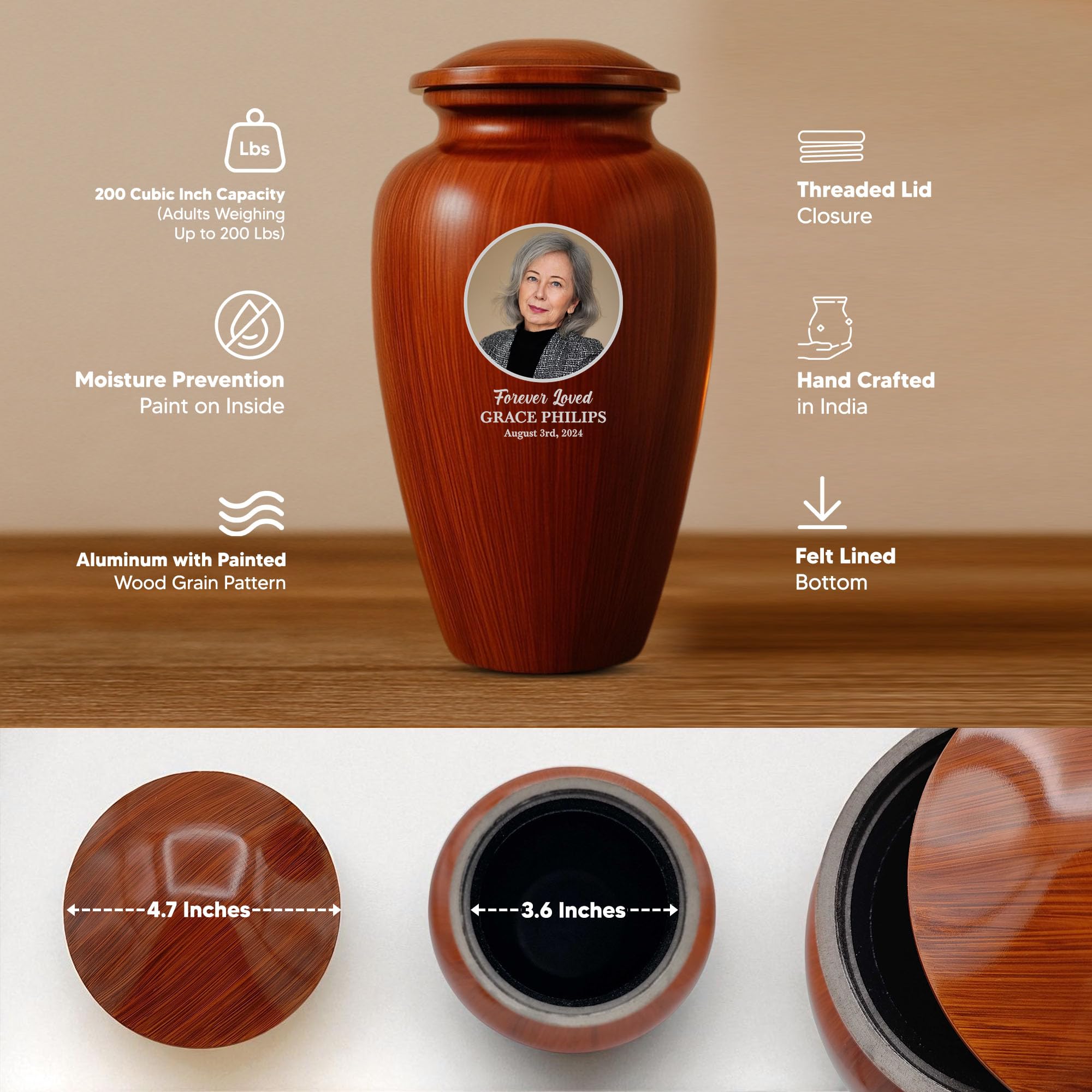 Human Cremation Urn - 200 Cubic Inch - Ingrained Wood Style Finish | Custom Photo