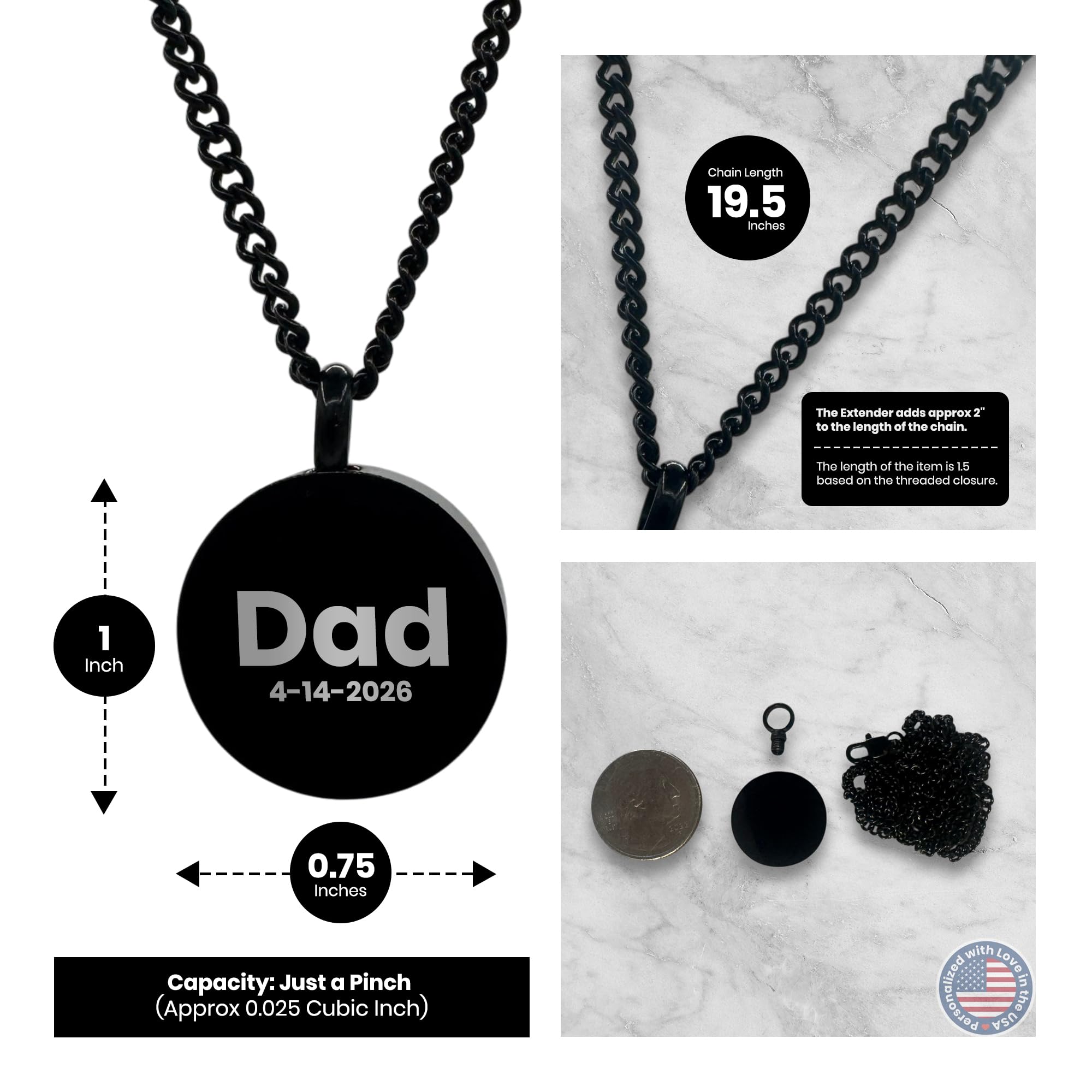 Cremation Urn Round Necklace – Stainless Steel Keepsake Jewelry for Ashes | Custom Engraved