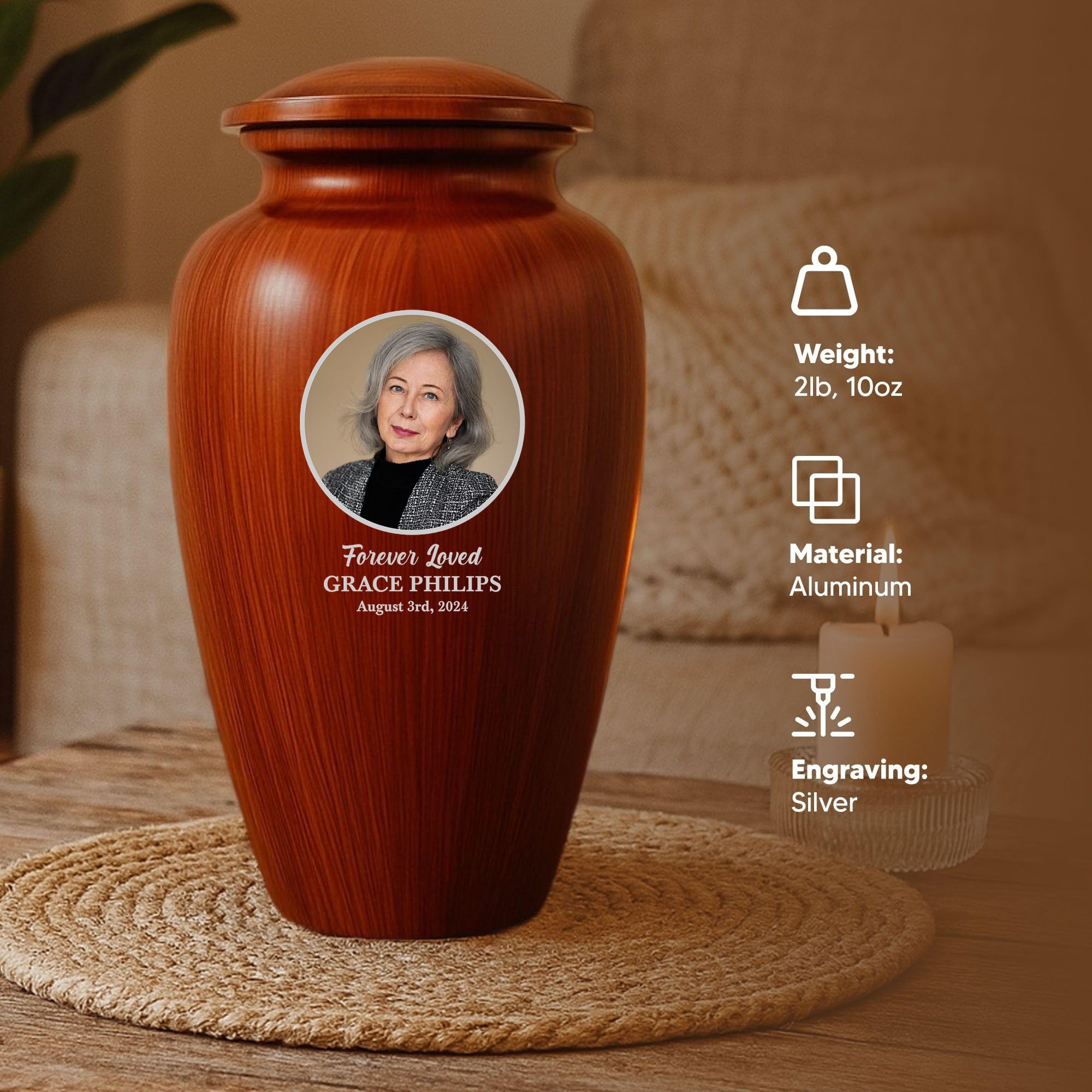 Human Cremation Urn - 200 Cubic Inch - Ingrained Wood Style Finish | Custom Photo